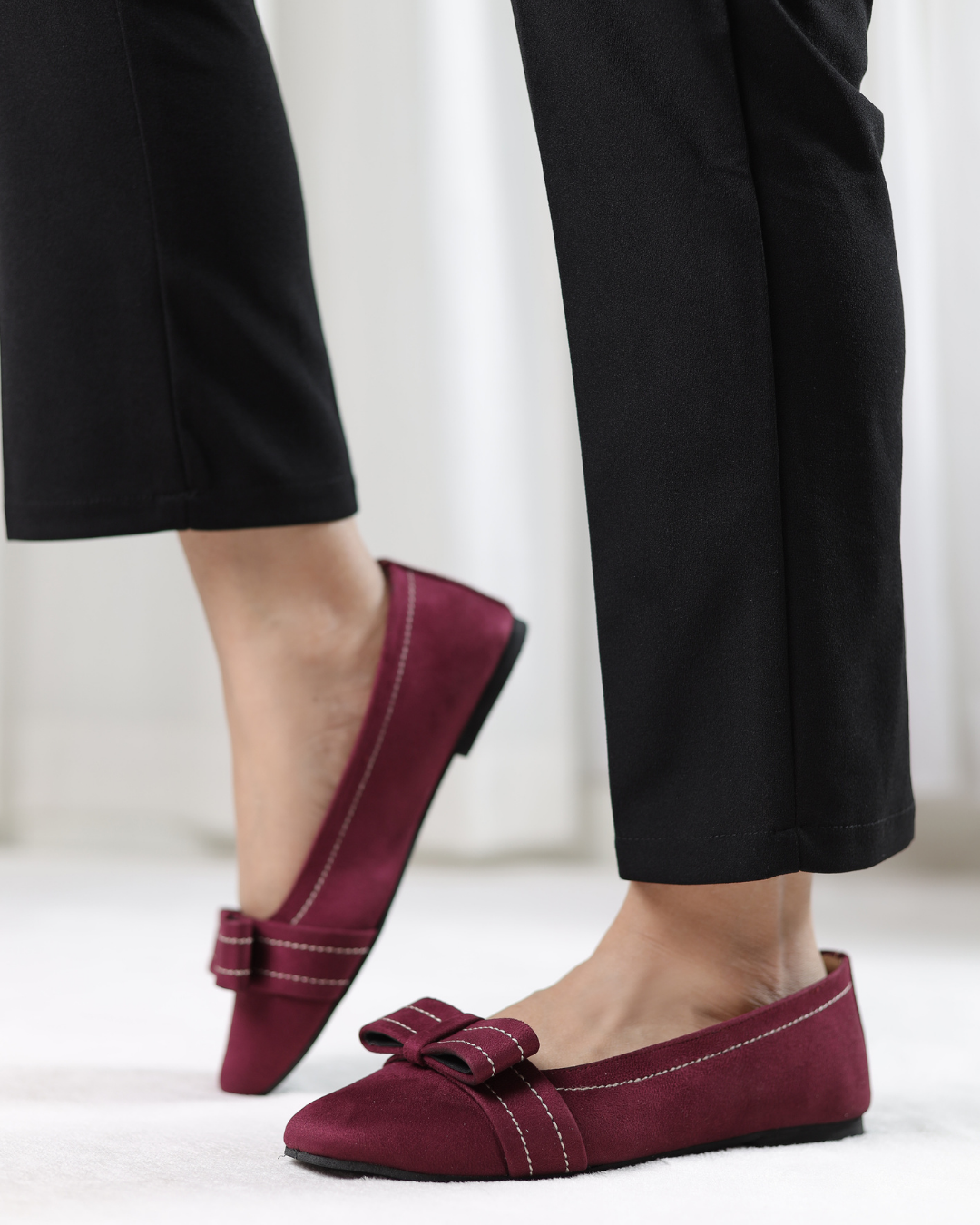 Burgundy Velour Bow Flats