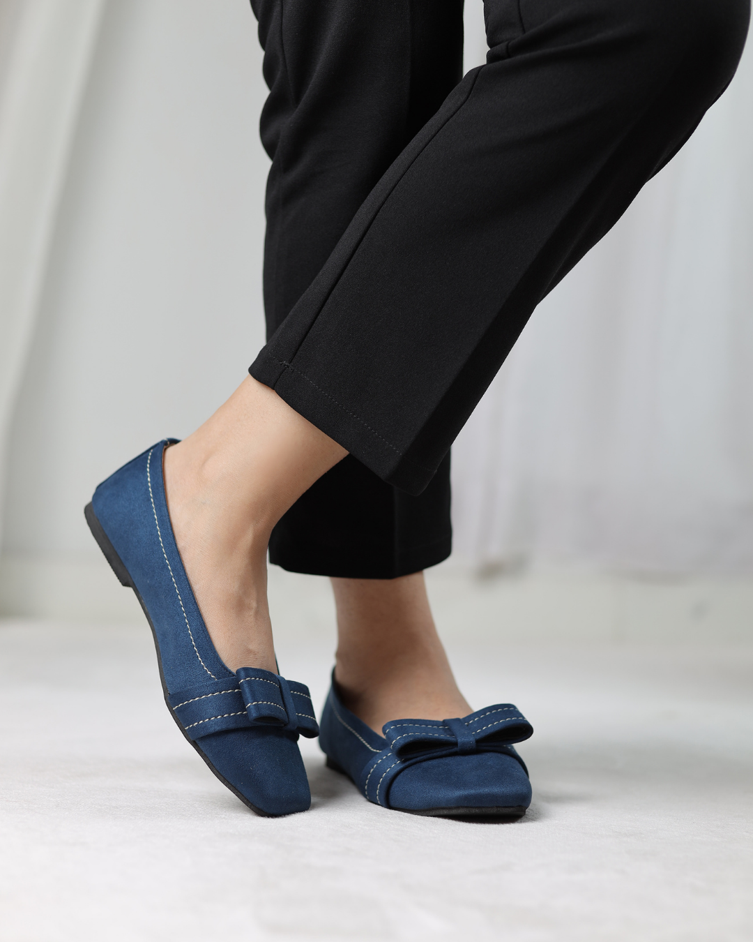 Navy Blue Velour Bow Flats