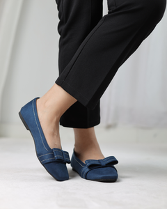 Navy Blue Velour Bow Flats