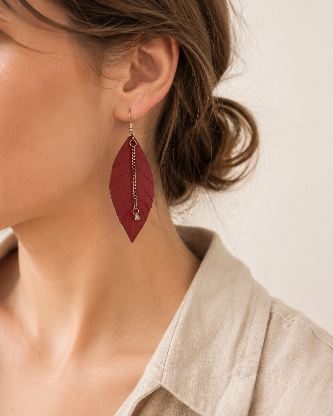Forest Ripple Earrings burgundy ripple leaf drop earrings view 5