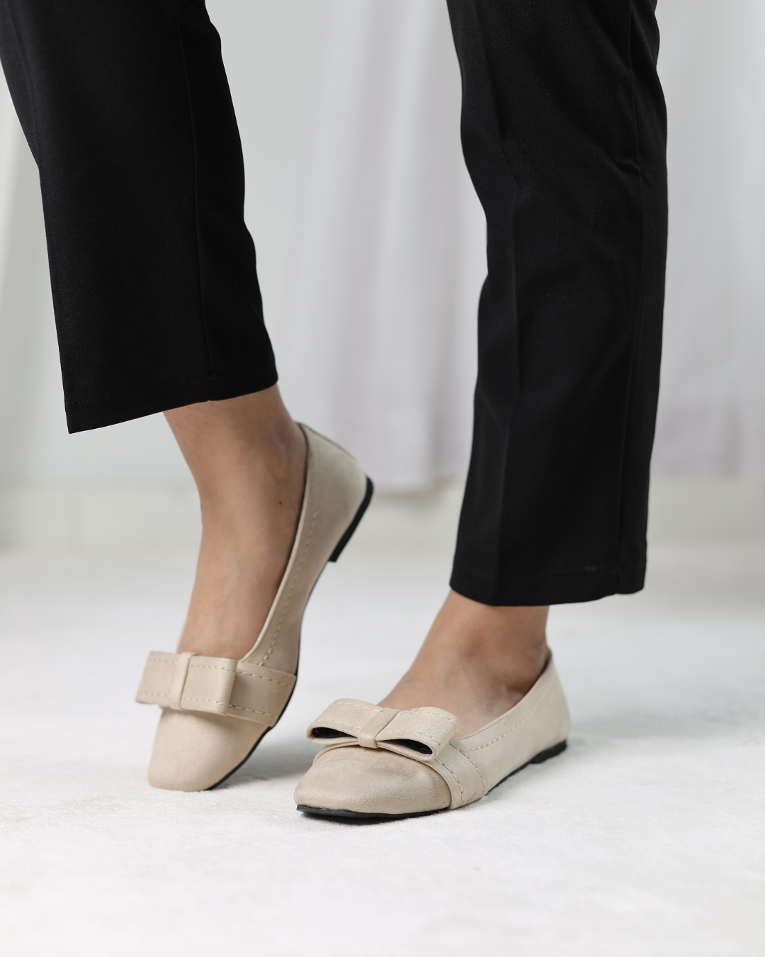 Beige Velour Bow Flats