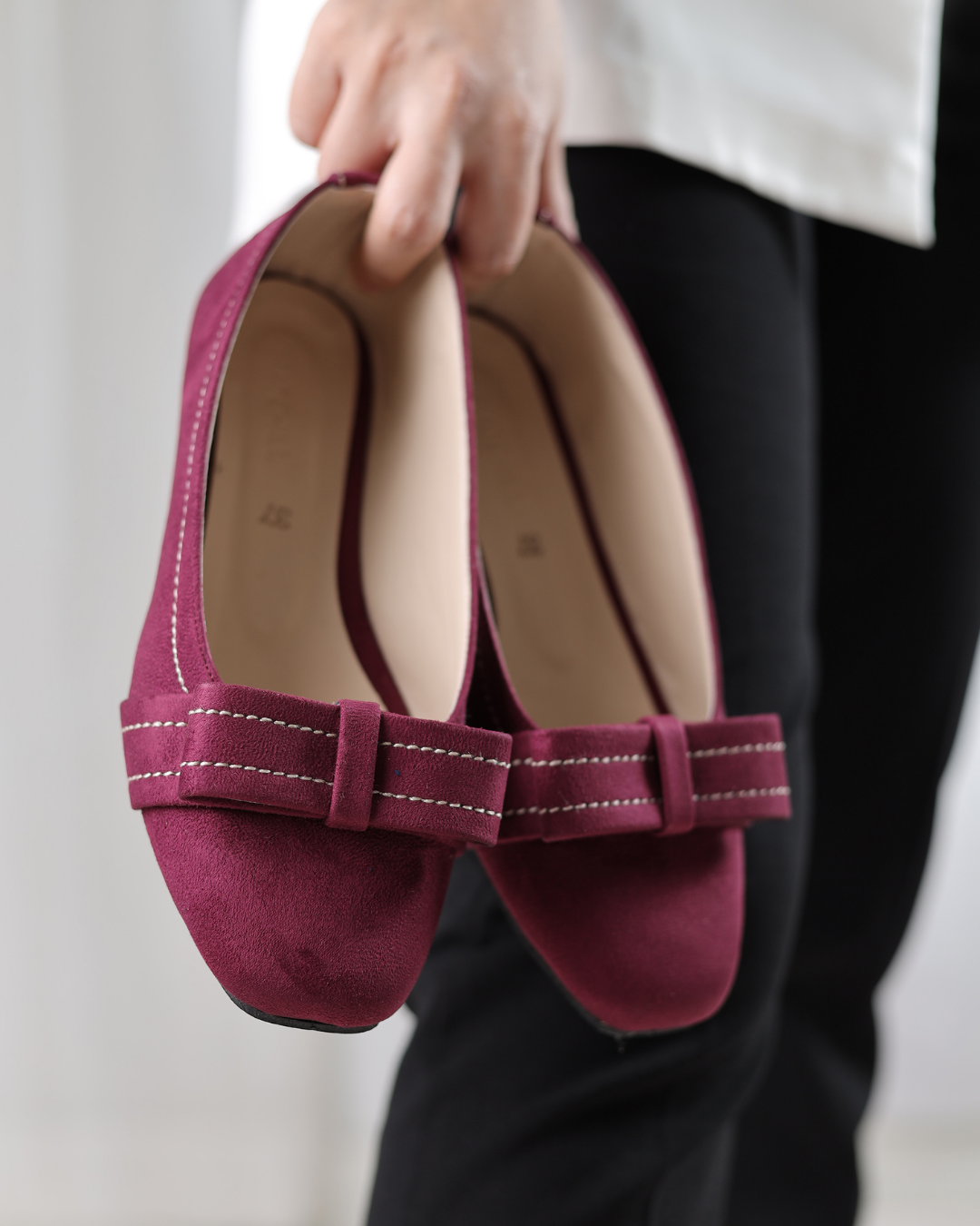 Burgundy Velour Bow Flats