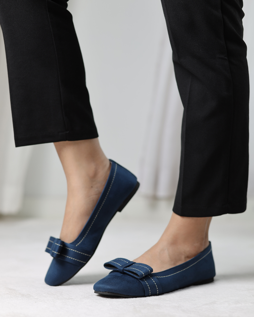 Navy Blue Velour Bow Flats