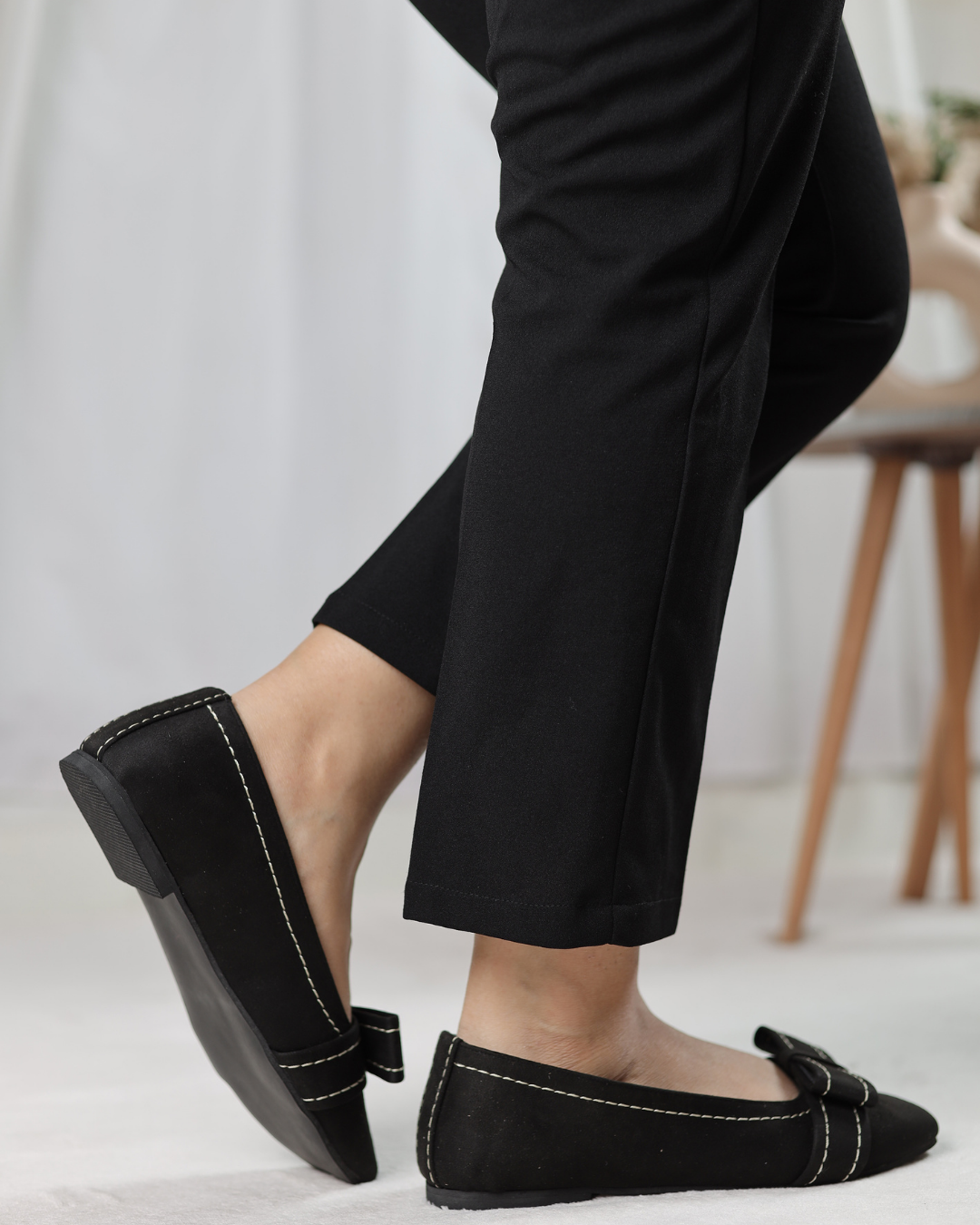Black Velour Bow Flats