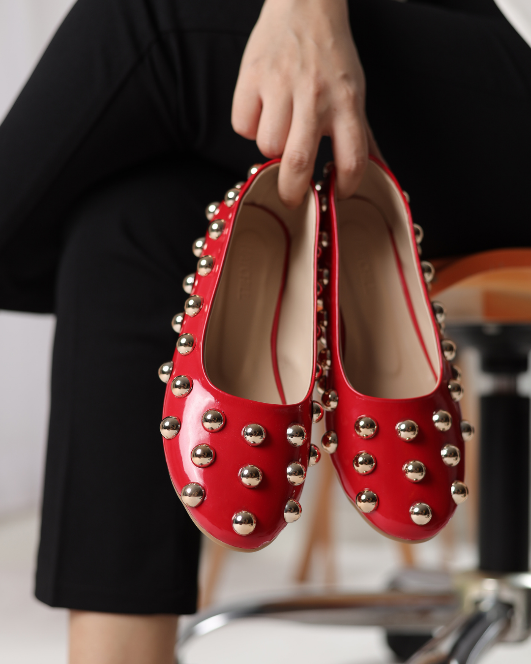 Studded Rebel Flats red patent flats with metallic studs - product view 6