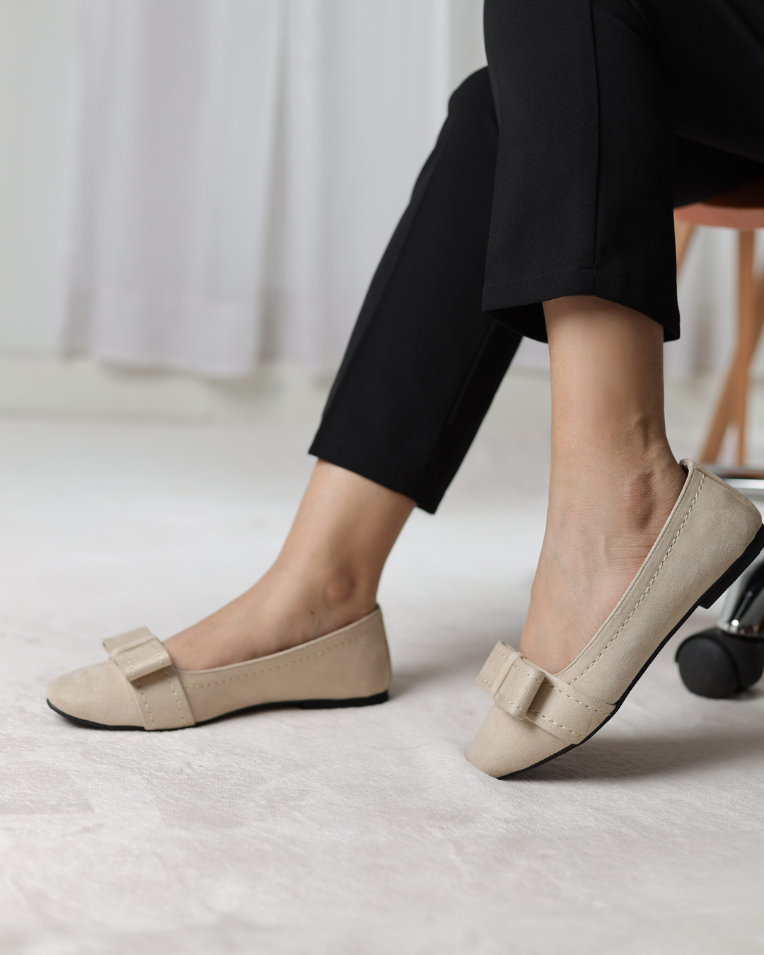 Beige Velour Bow Flats