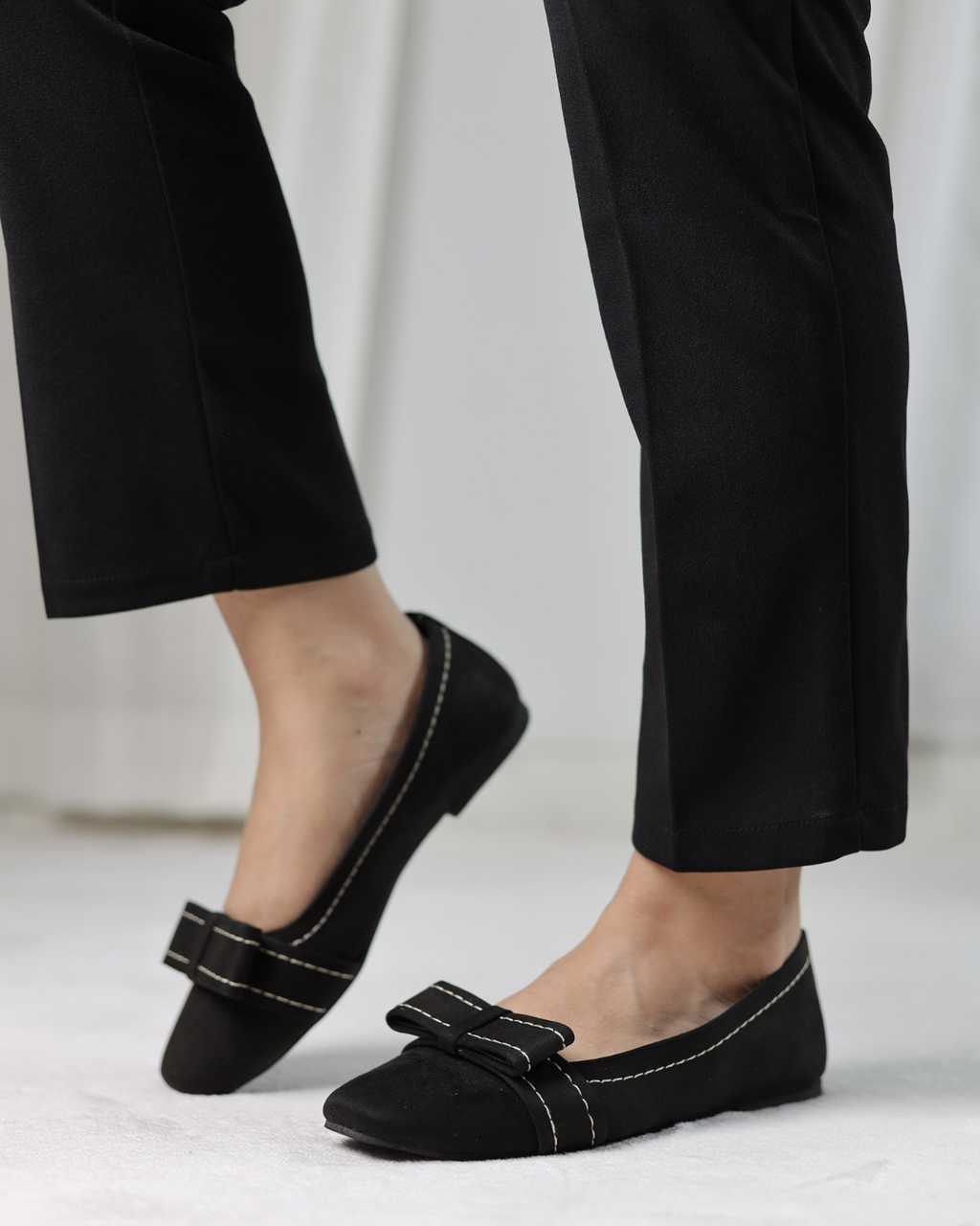 Black Velour Bow Flats