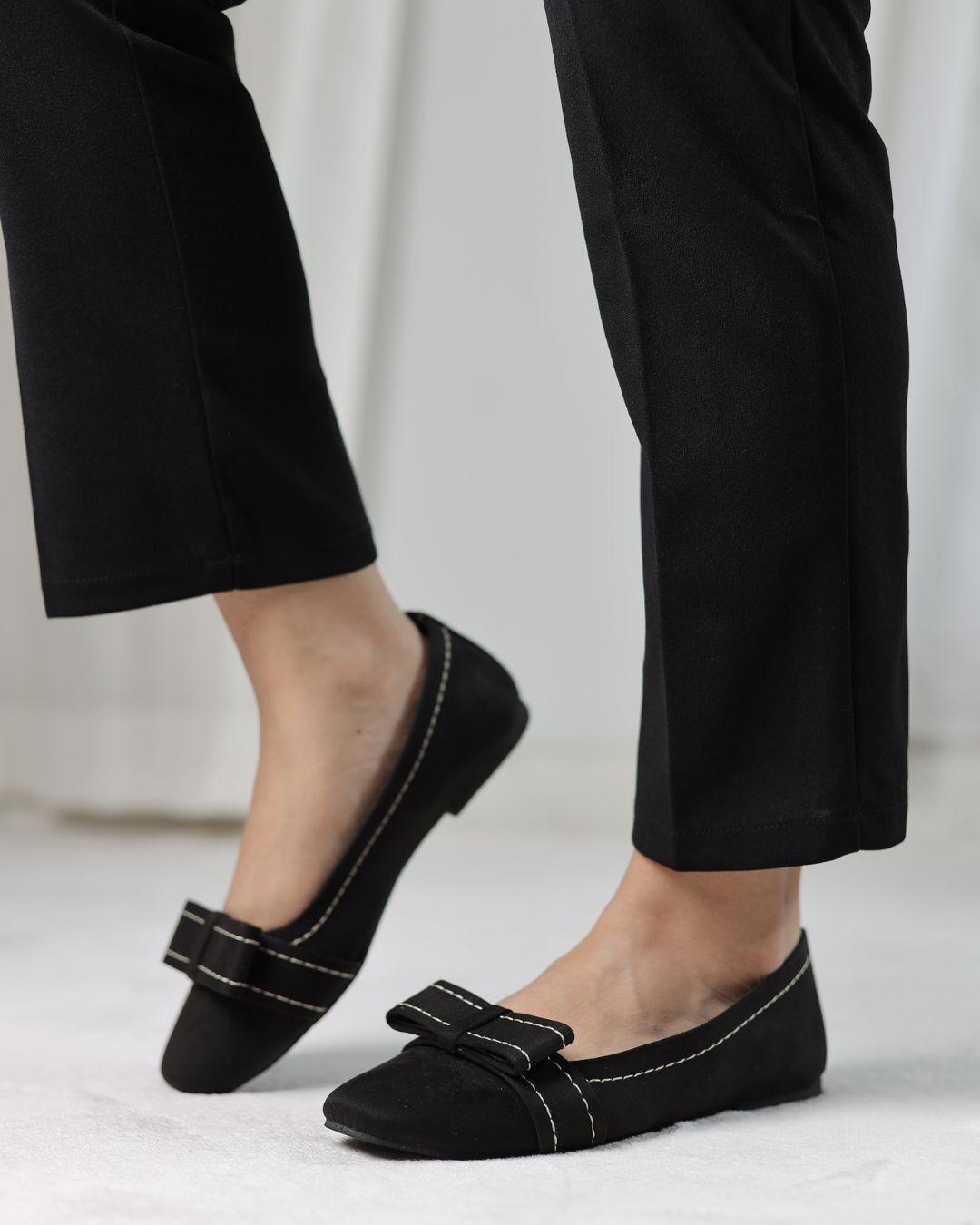 Black Velour Bow Flats