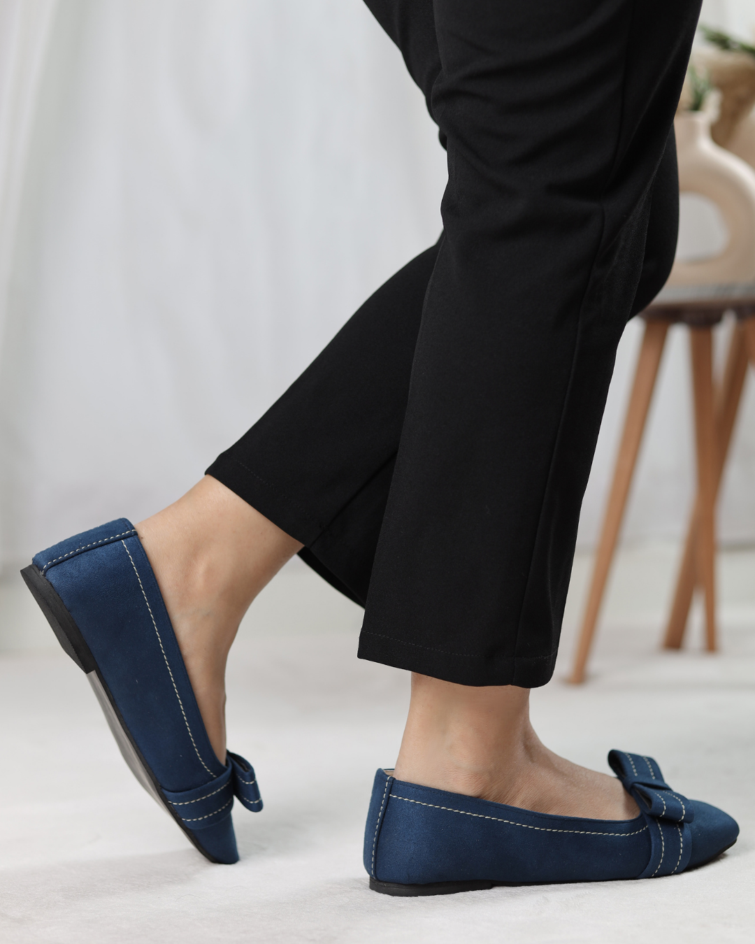 Navy Blue Velour Bow Flats