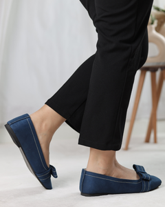 Navy Blue Velour Bow Flats