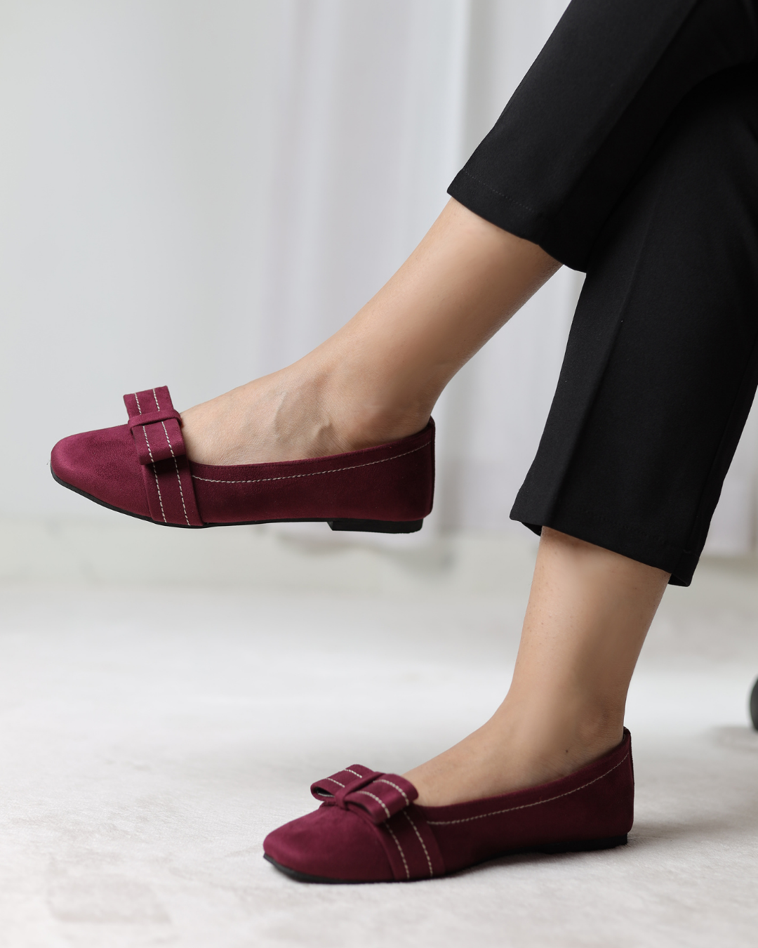 Burgundy Velour Bow Flats