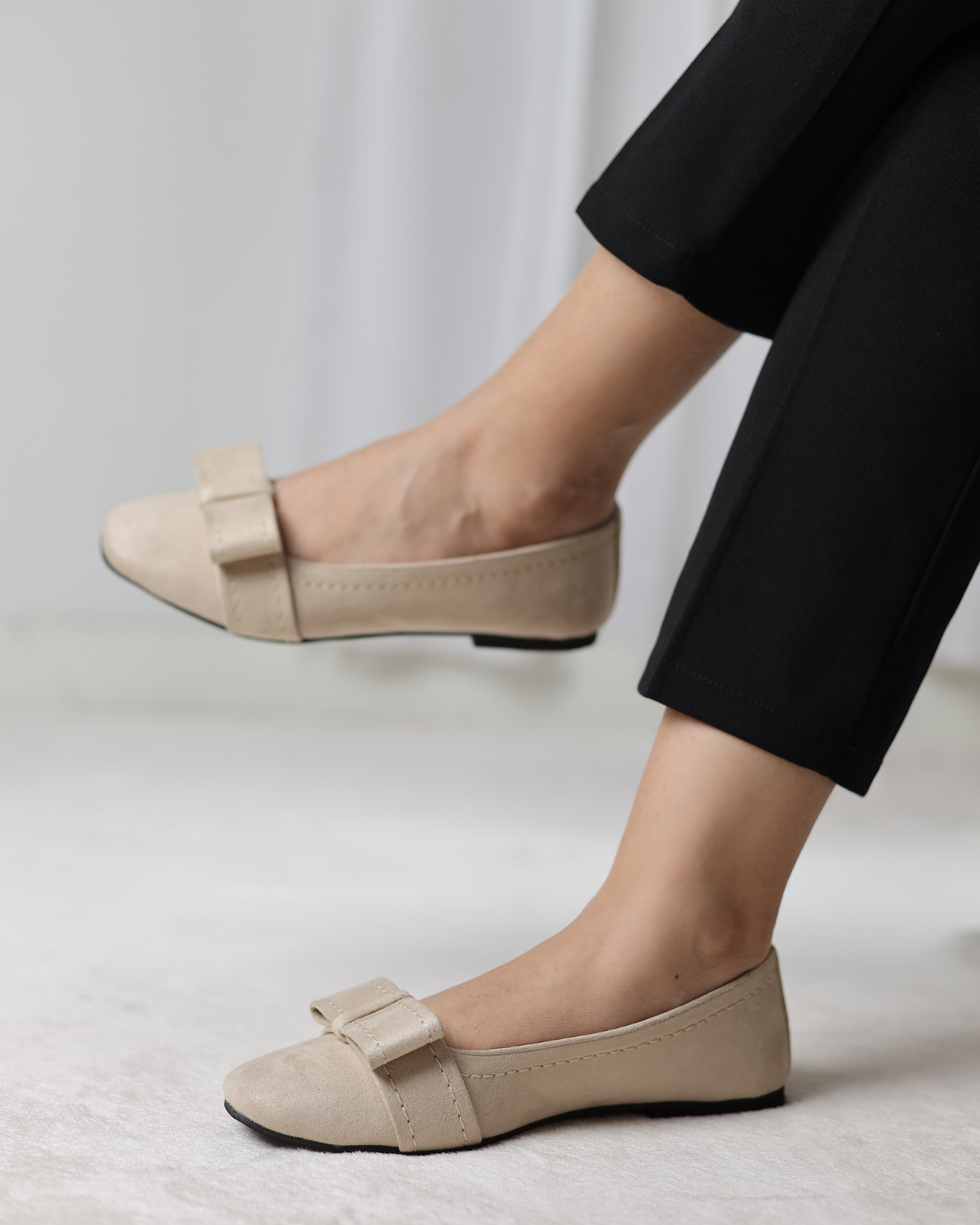 Beige Velour Bow Flats