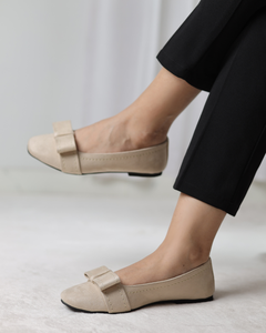 Beige Velour Bow Flats