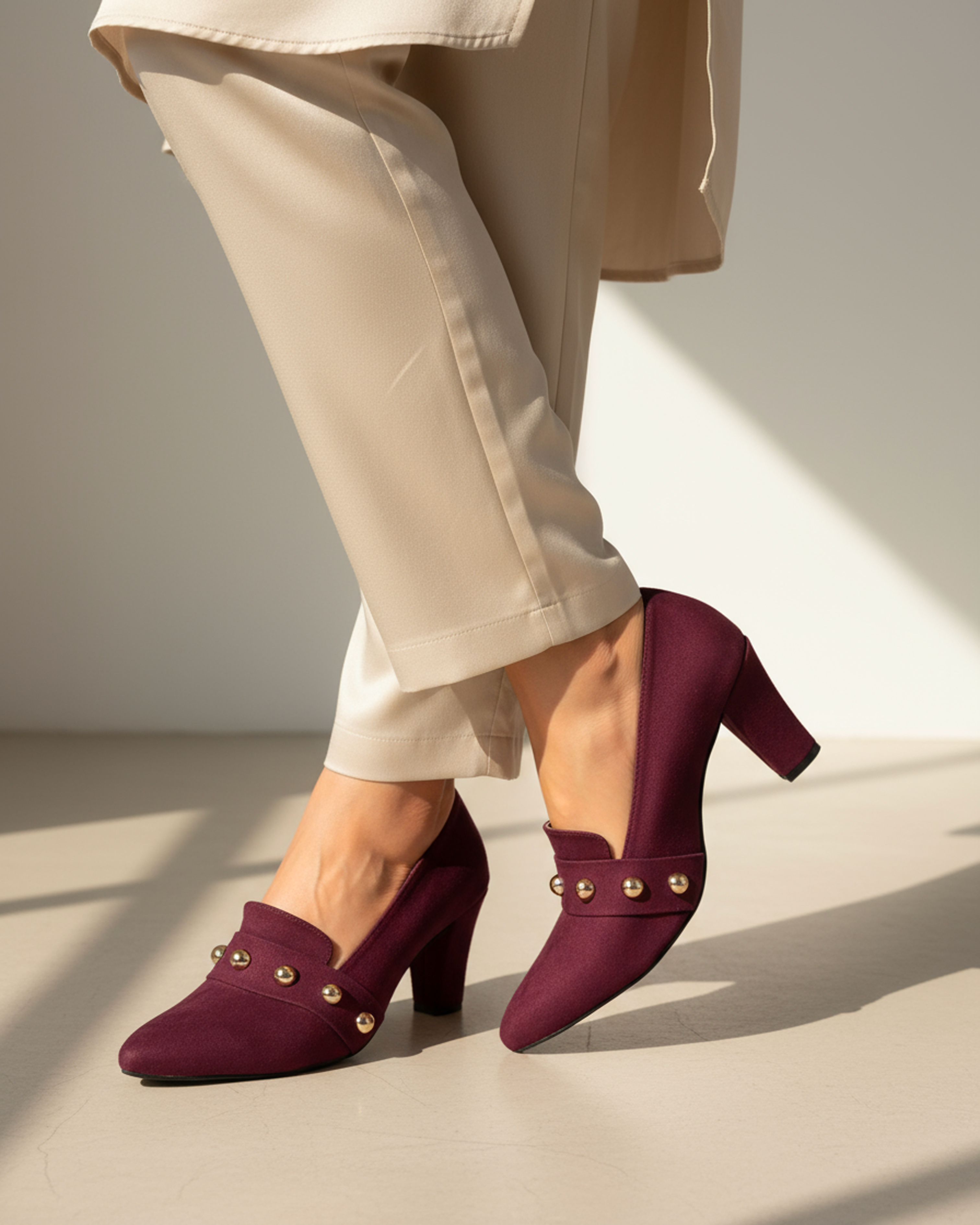 The Elara Studded Block Heel - Burgundy