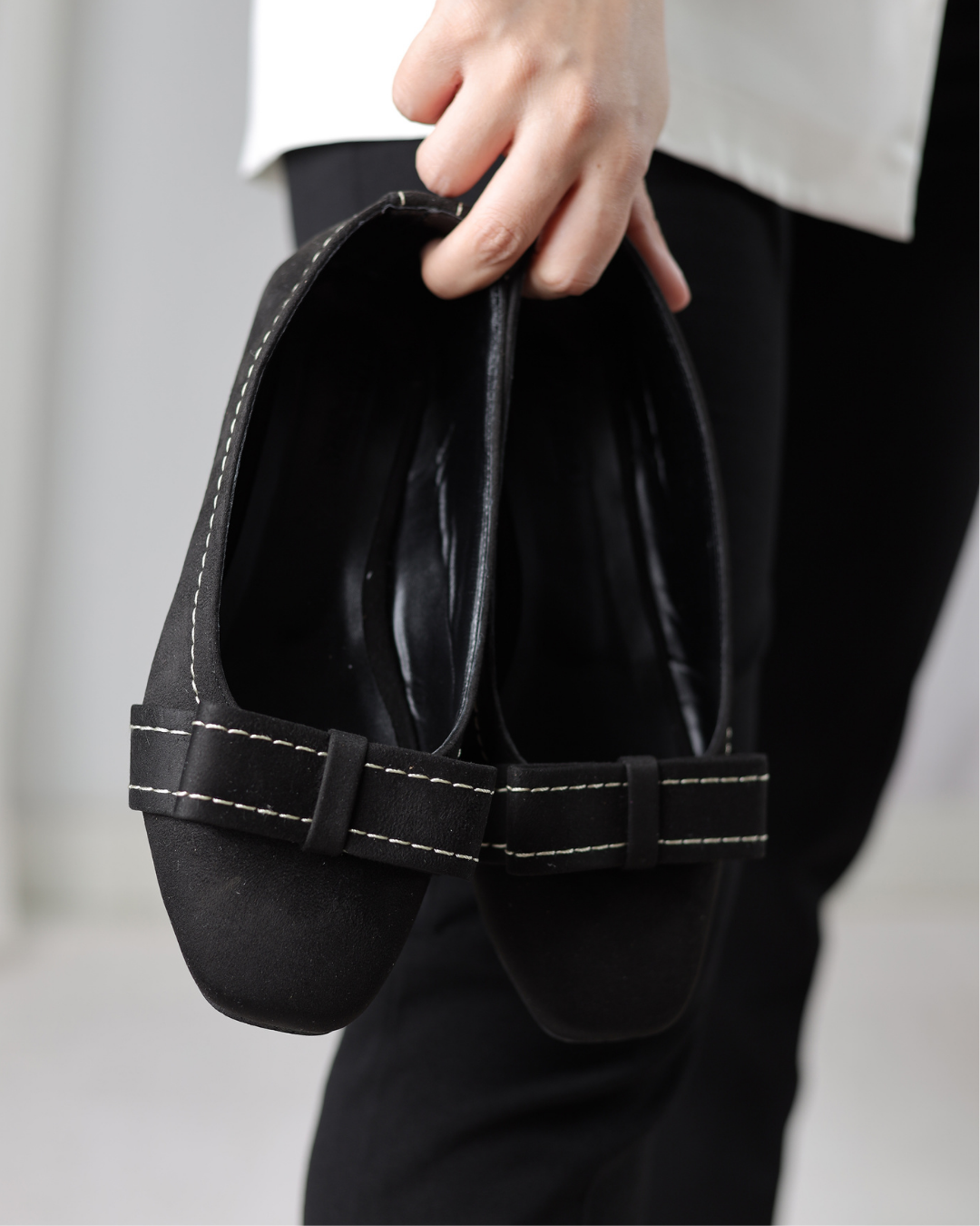 Black Velour Bow Flats
