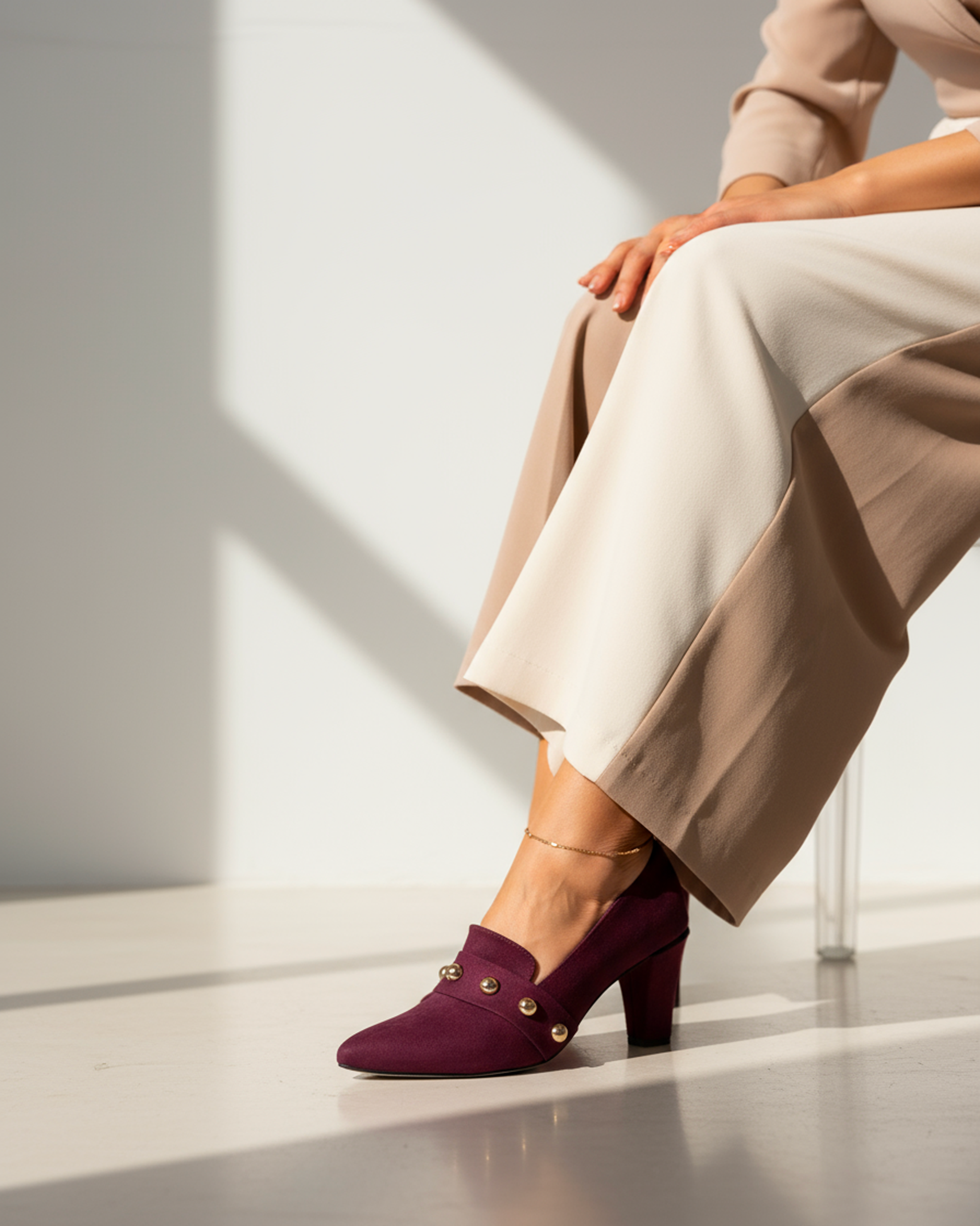 The Elara Studded Block Heel - Burgundy