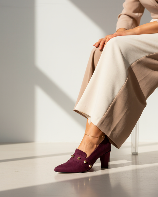 The Elara Studded Block Heel - Burgundy