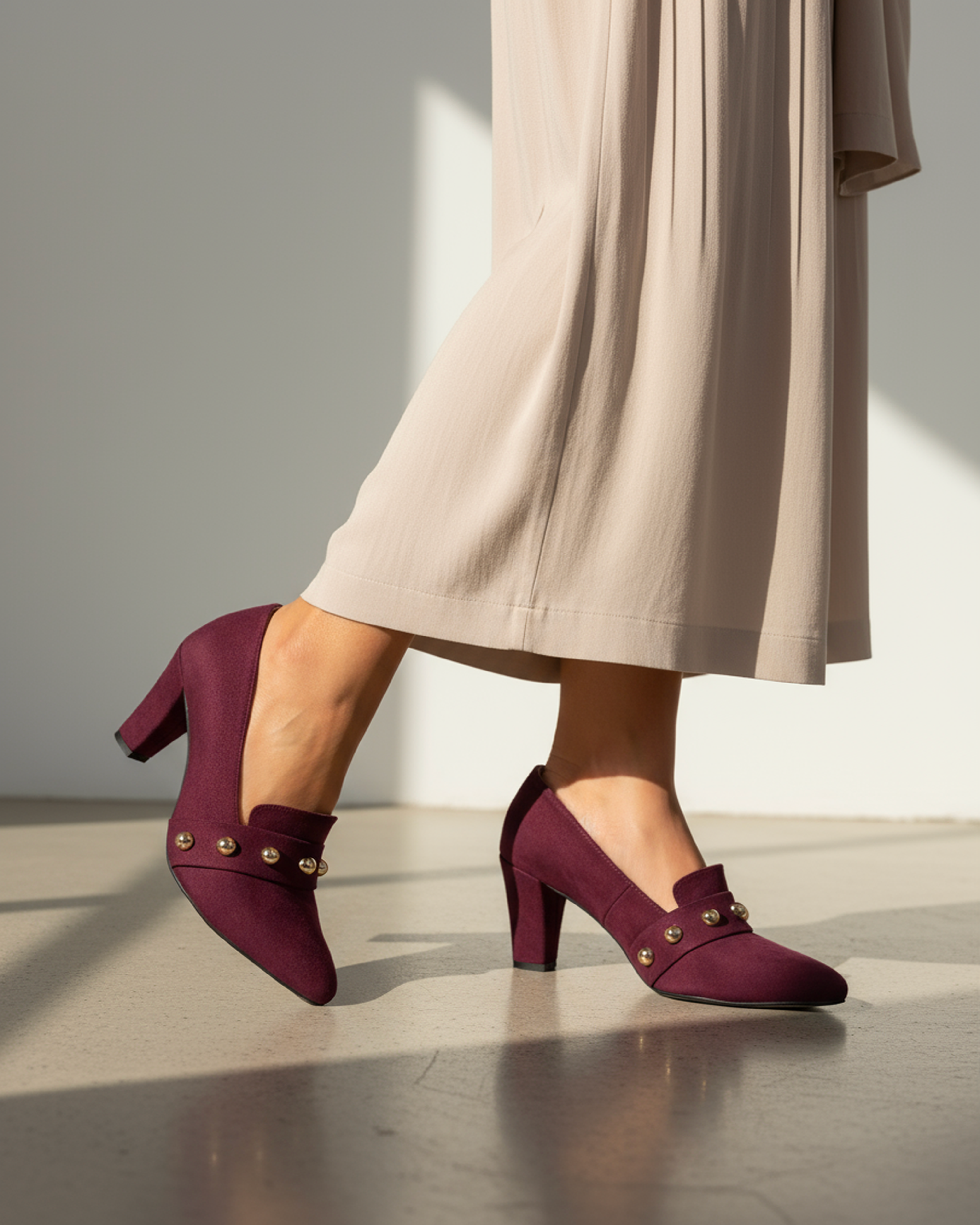 The Elara Studded Block Heel - Burgundy