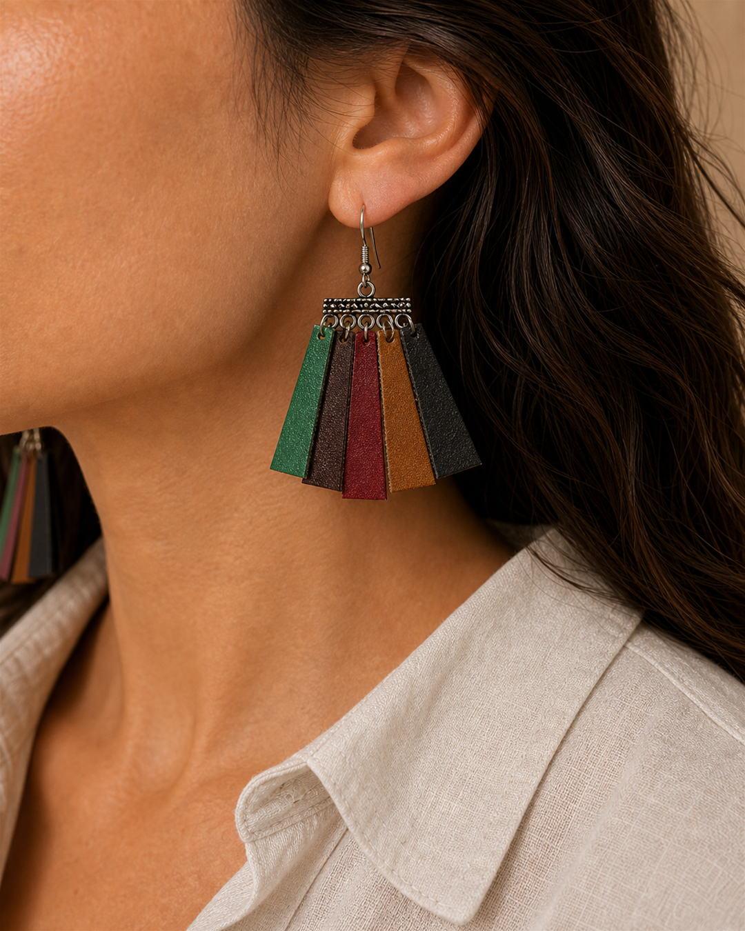 Avenna multicolor leather fringe earrings with silver hook - view 1