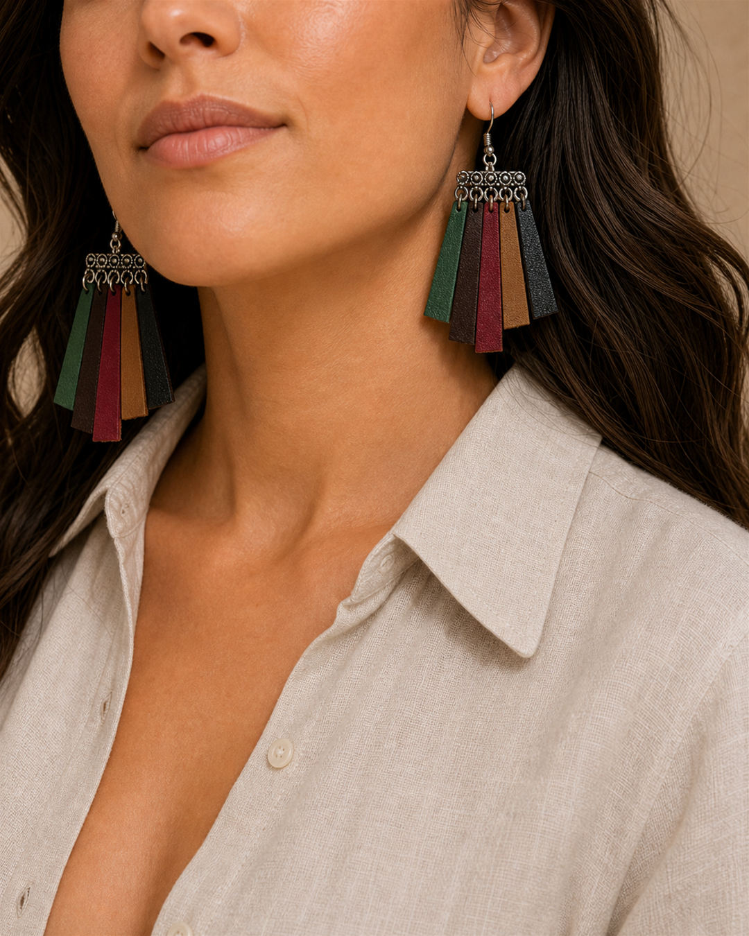 Avenna multicolor leather fringe earrings with silver hook - view 2