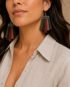 Avenna multicolor leather fringe earrings with silver hook - view 2