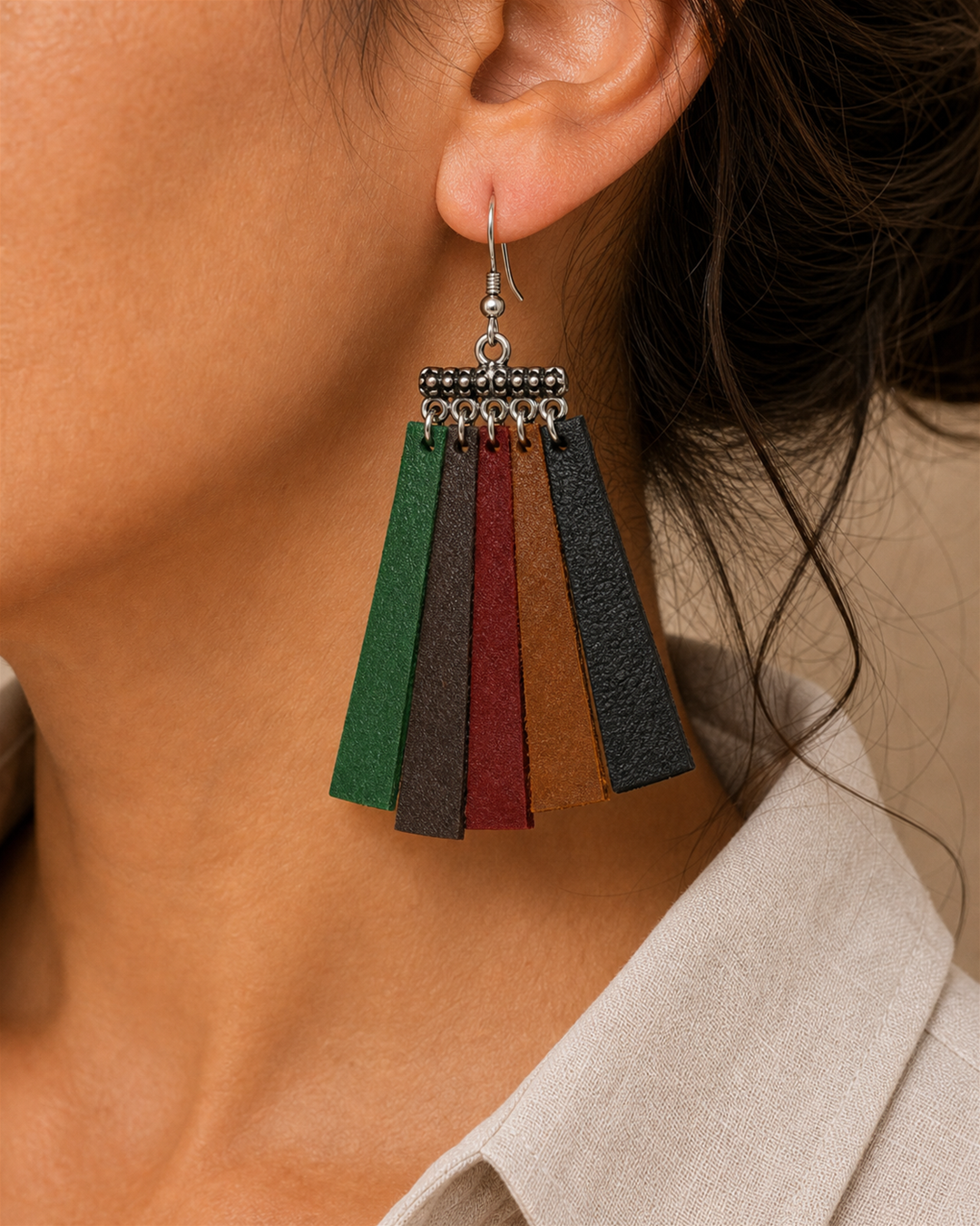 Avenna multicolor leather fringe earrings with silver hook - view 3