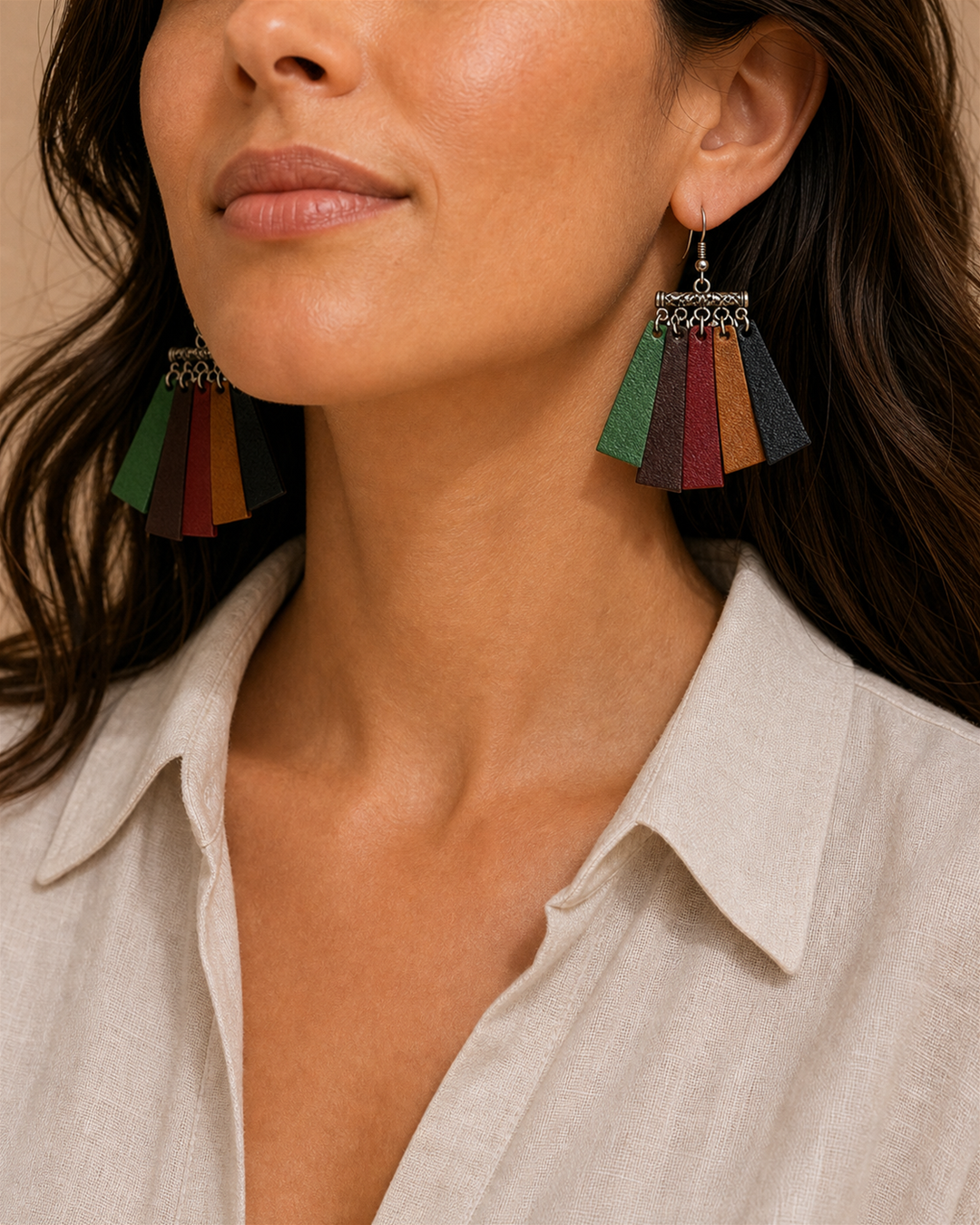 Avenna multicolor leather fringe earrings with silver hook - view 5