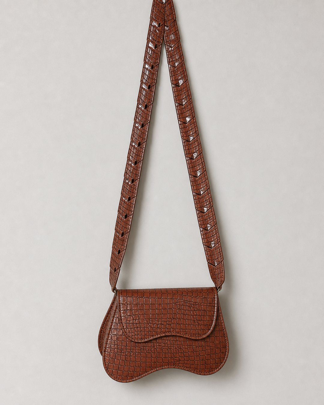 Cindra brown croc saddle shoulder bag with proportional cutout strap - view 1