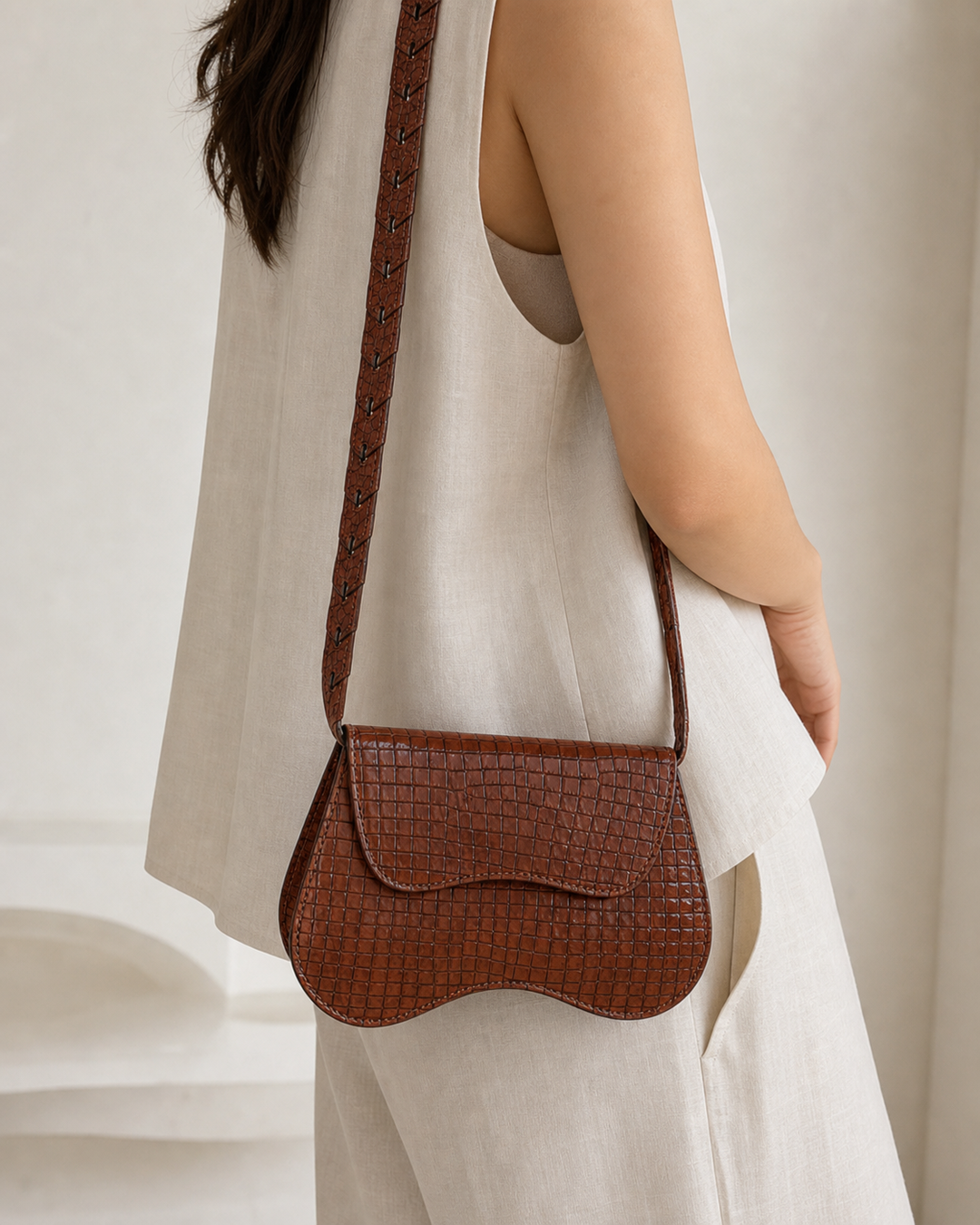Cindra brown croc saddle shoulder bag with proportional cutout strap - view 2