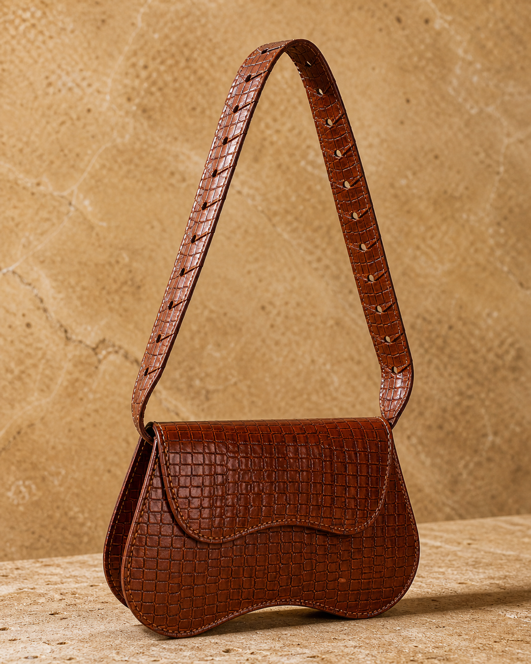 Cindra brown croc saddle shoulder bag with proportional cutout strap - view 3