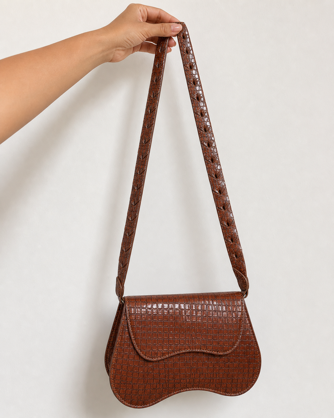 Cindra brown croc saddle shoulder bag with proportional cutout strap - view 4