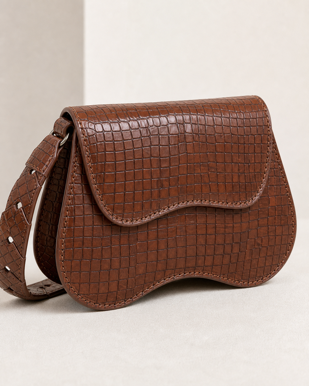 Cindra brown croc saddle shoulder bag with proportional cutout strap - view 5