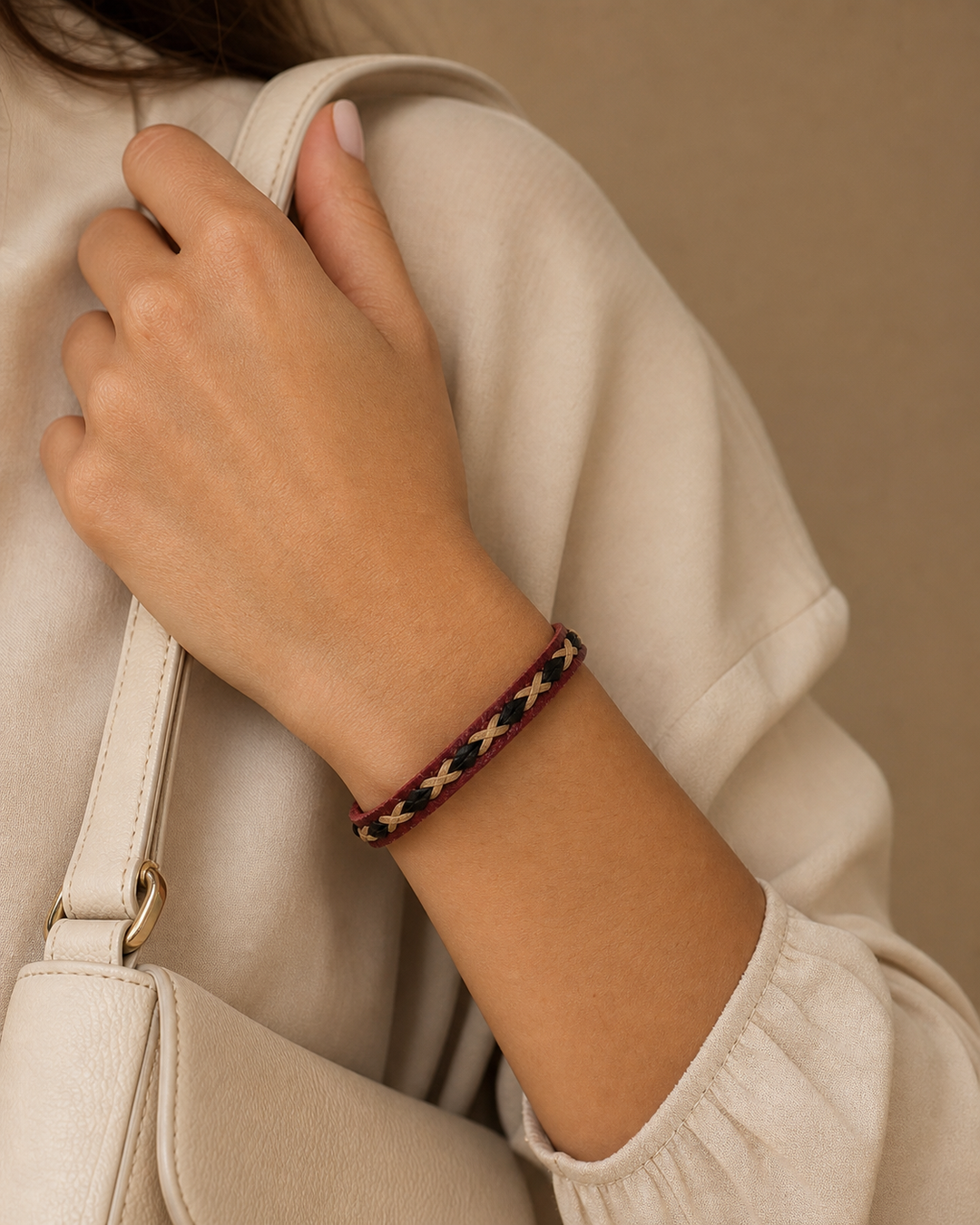 Crimson burgundy leather cuff bracelet with black and beige braided lacing on female model - view 2