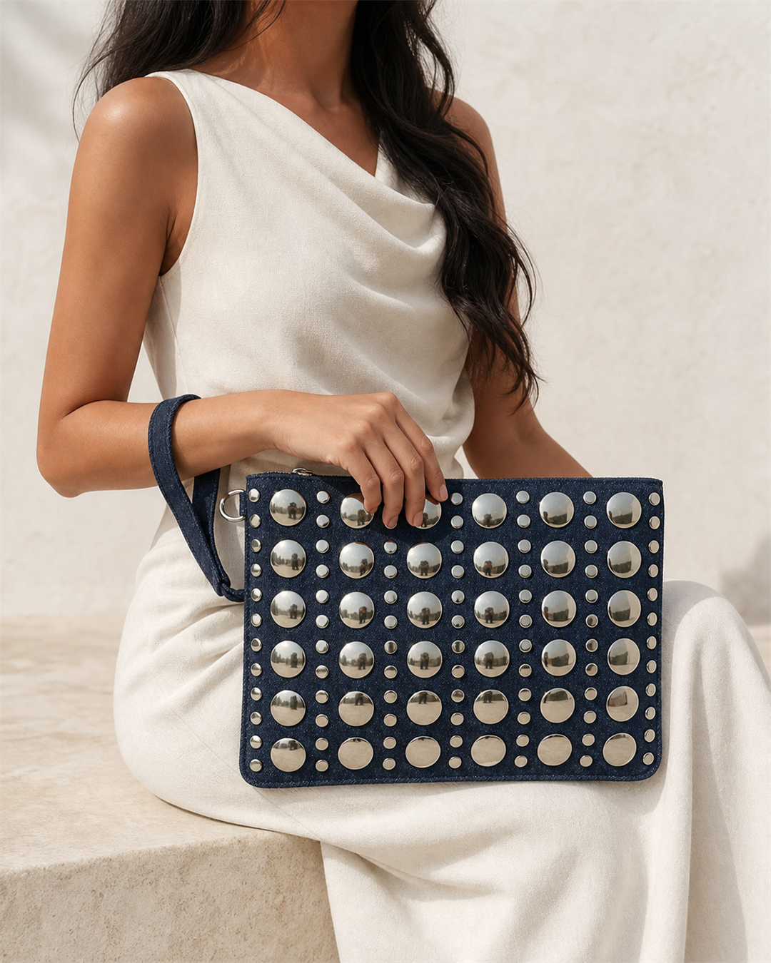 Denara dark-indigo studded denim clutch on female model in ivory dress - view 3