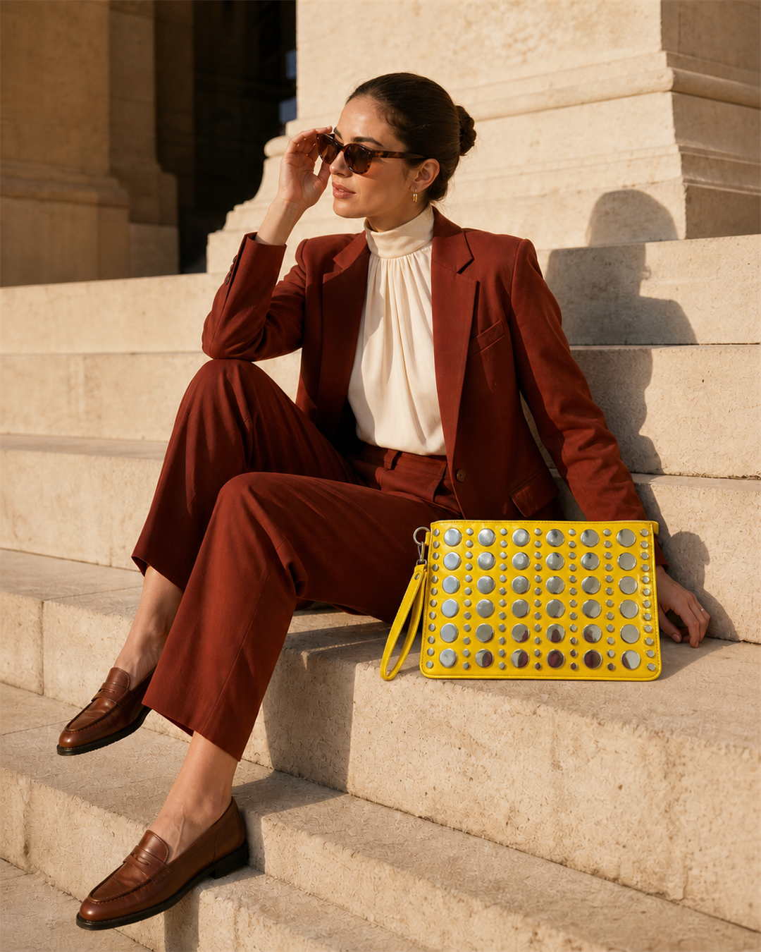 Lumira studded yellow clutch beside a woman in a rust suit on limestone steps