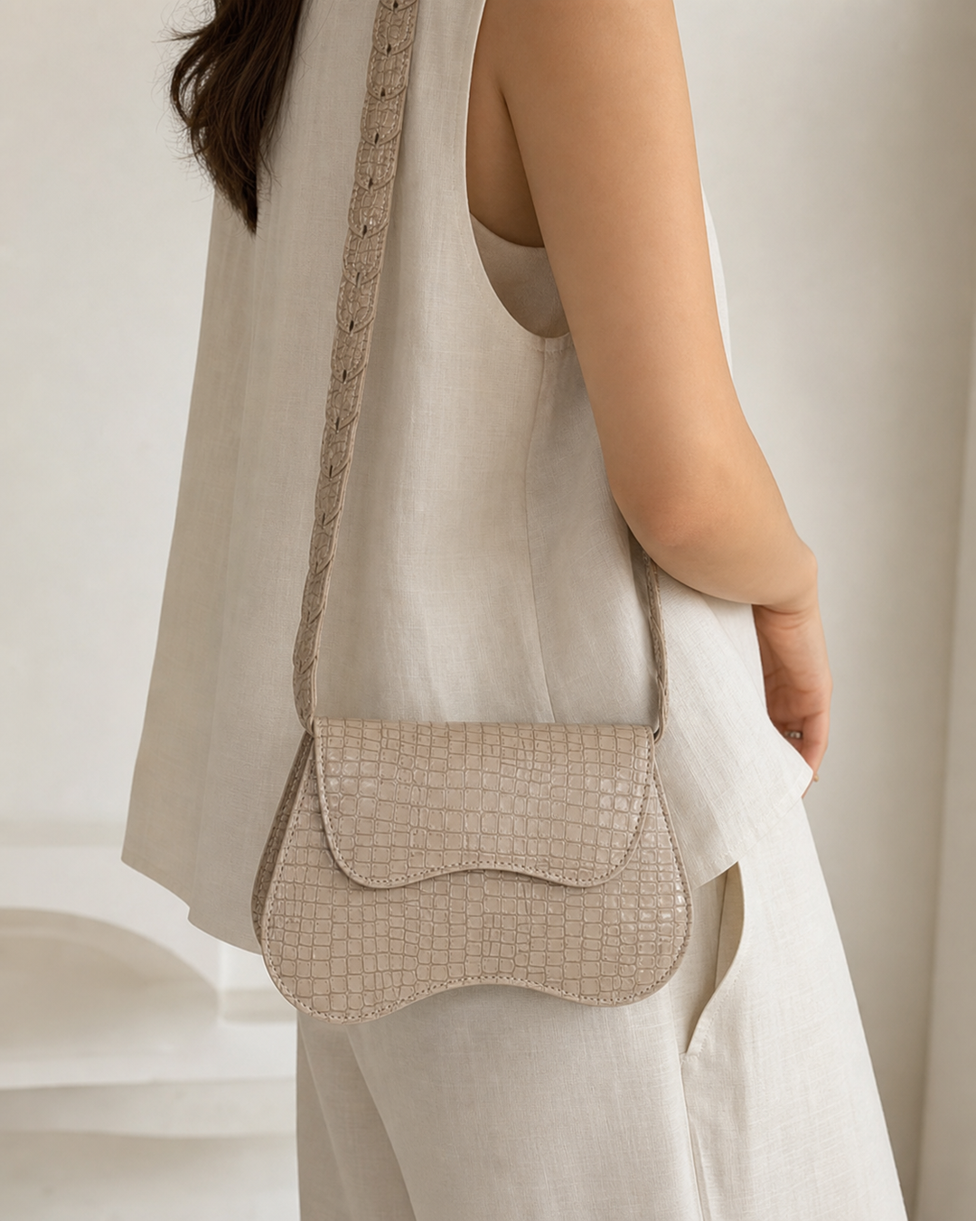 Lunelle beige croc saddle shoulder bag with proportional cutout strap - view 2