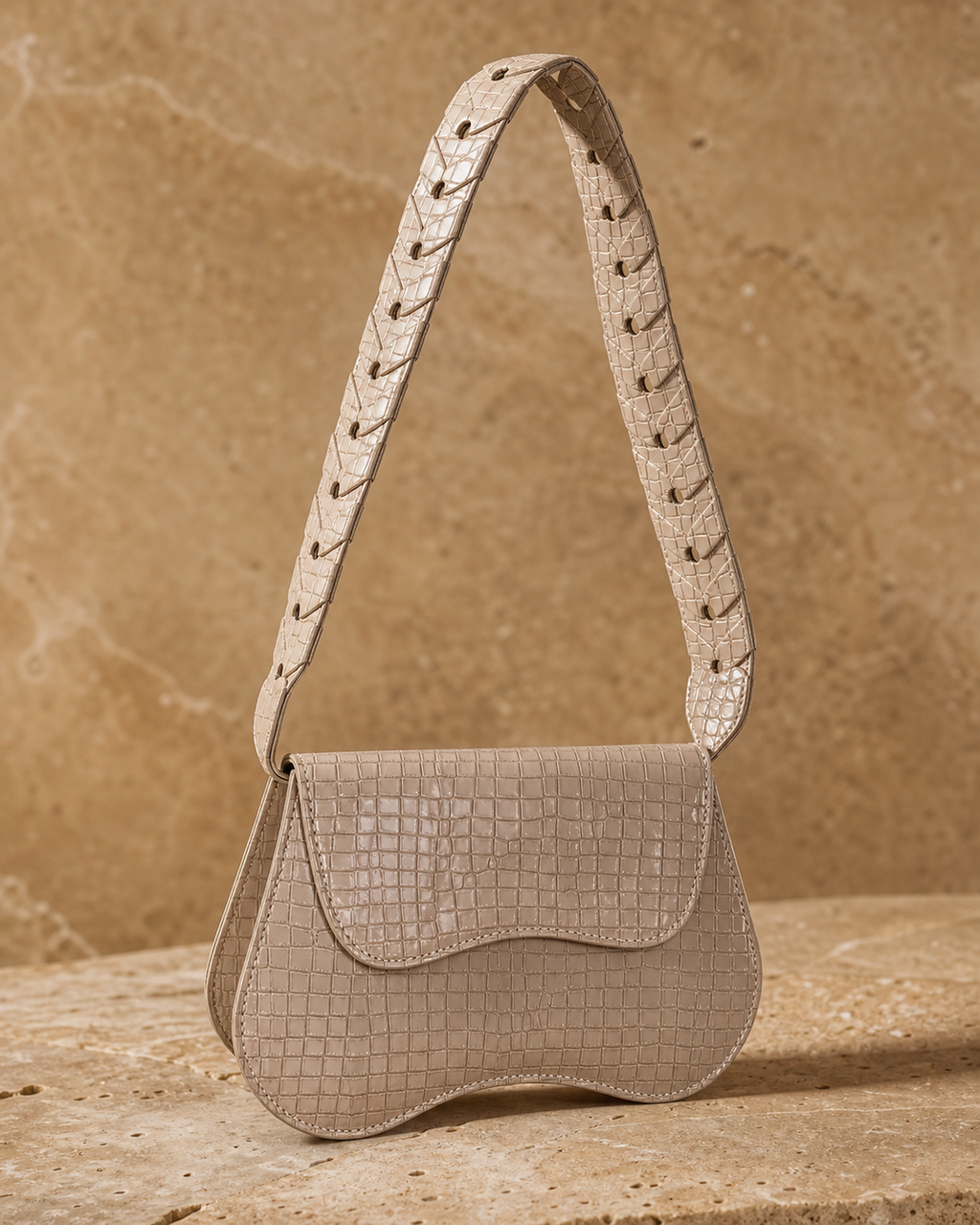 Lunelle beige croc saddle shoulder bag with proportional cutout strap - view 3