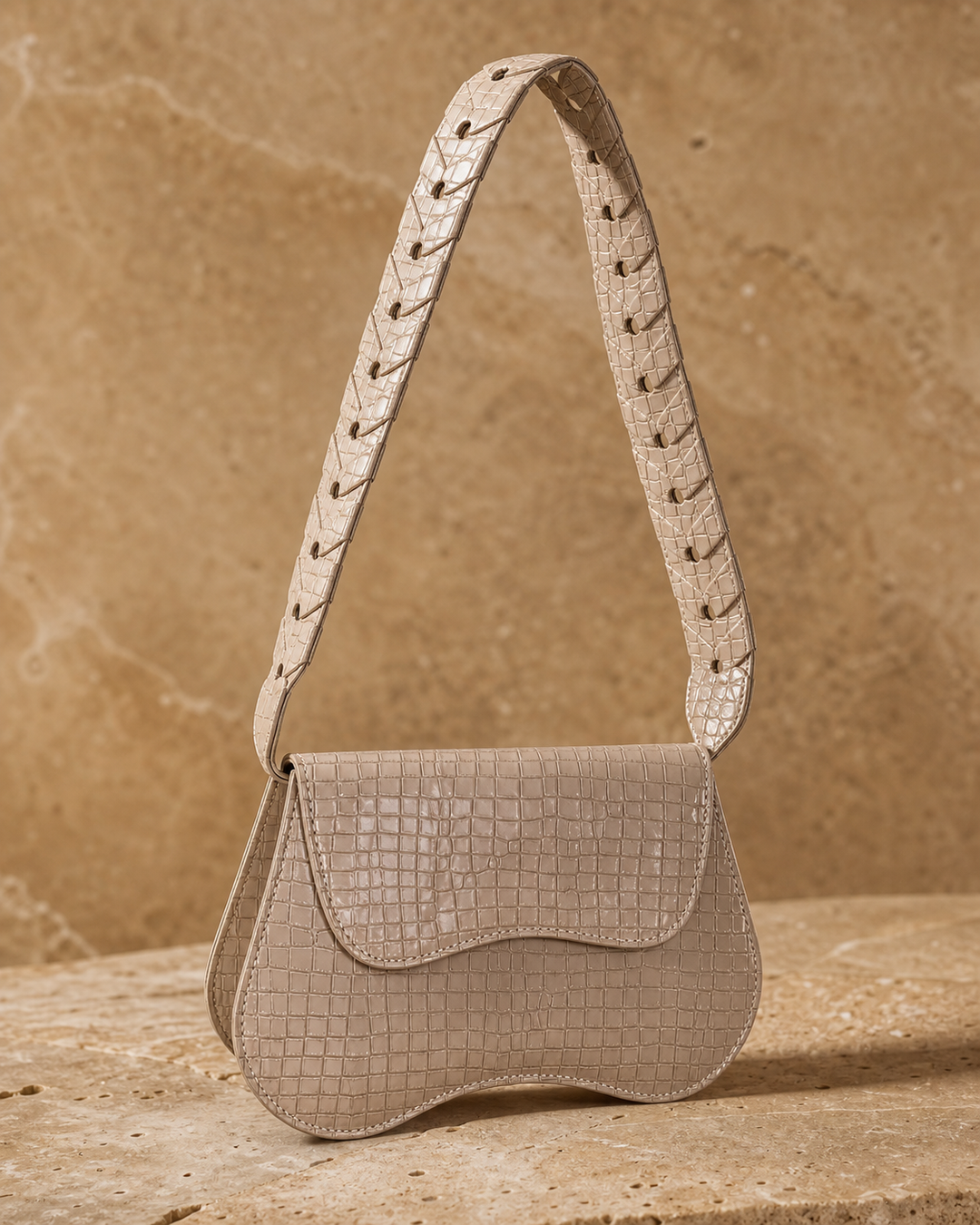 Lunelle beige croc saddle shoulder bag with proportional cutout strap - view 3
