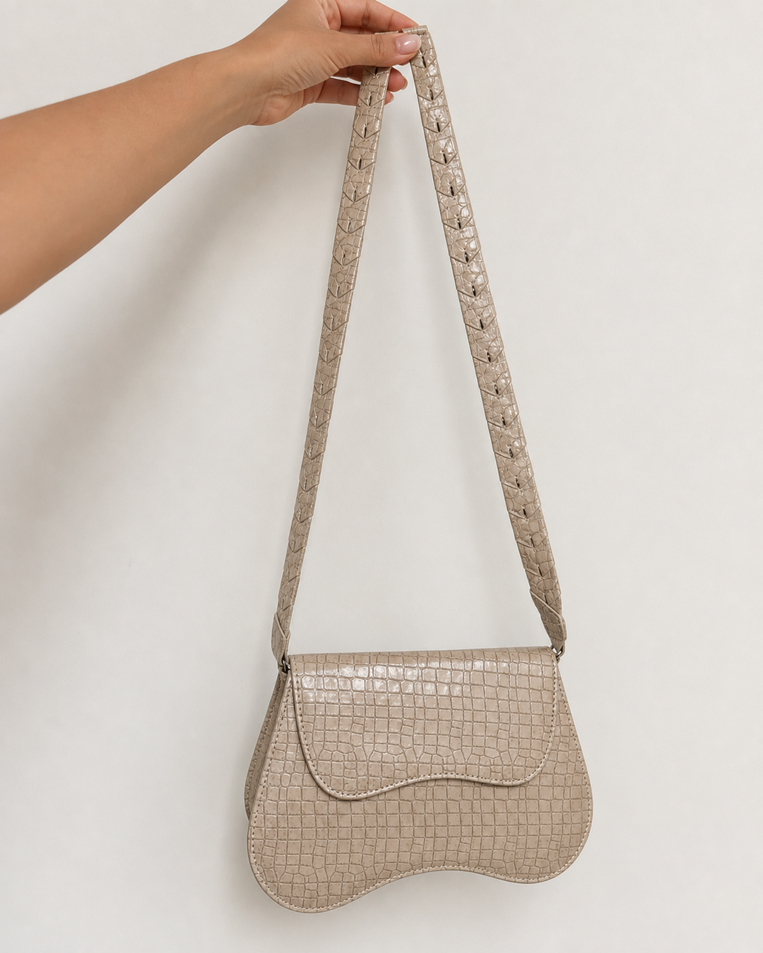 Lunelle beige croc saddle shoulder bag with proportional cutout strap - view 4