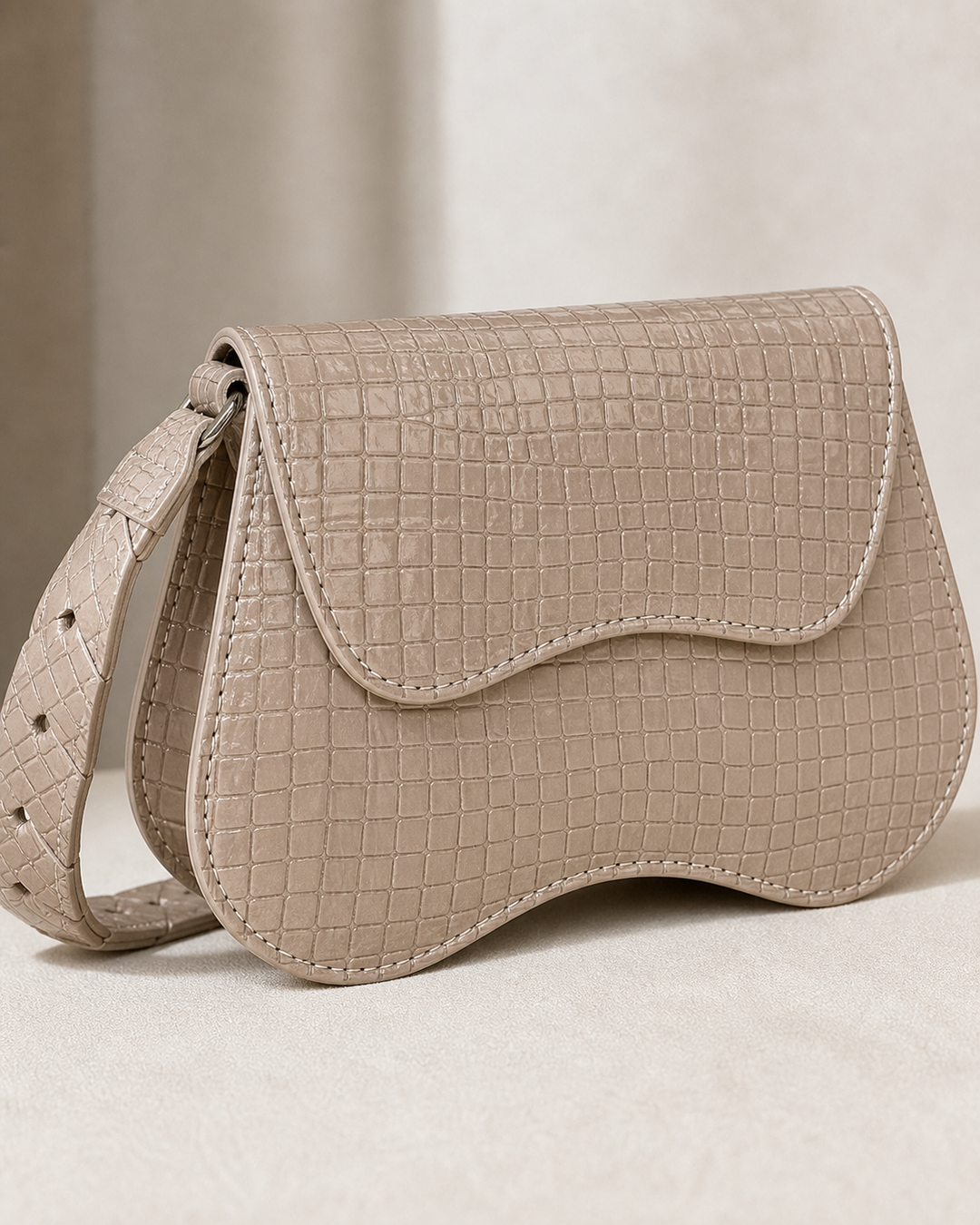 Lunelle beige croc saddle shoulder bag with proportional cutout strap - view 5