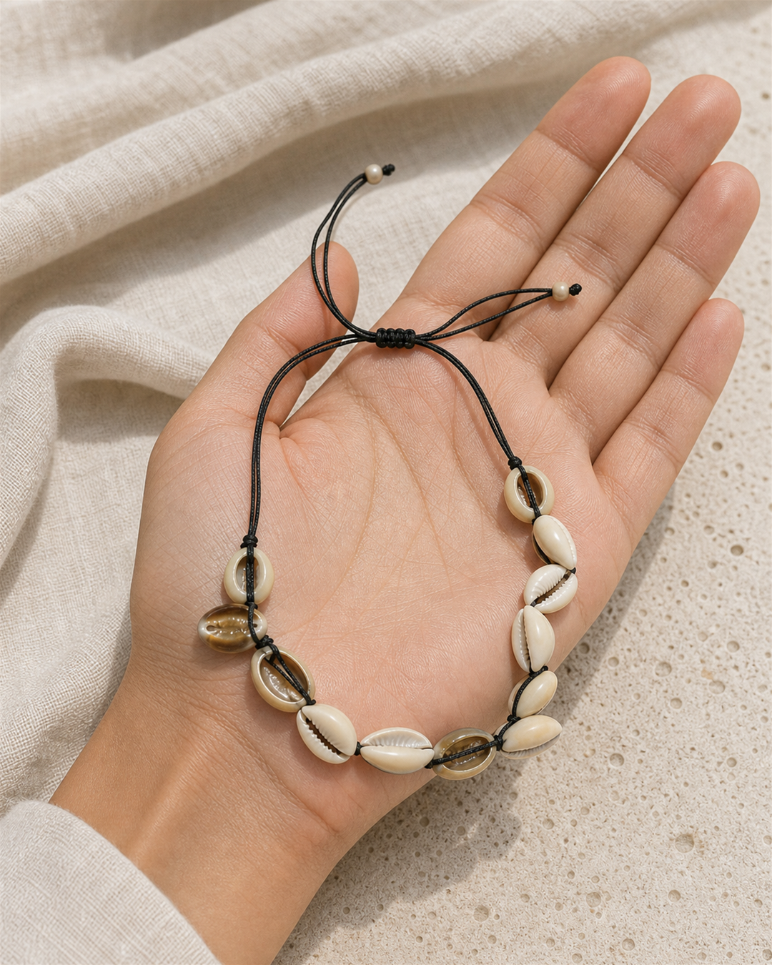 Marisca cowrie shell necklace on black cord on female model - view 3