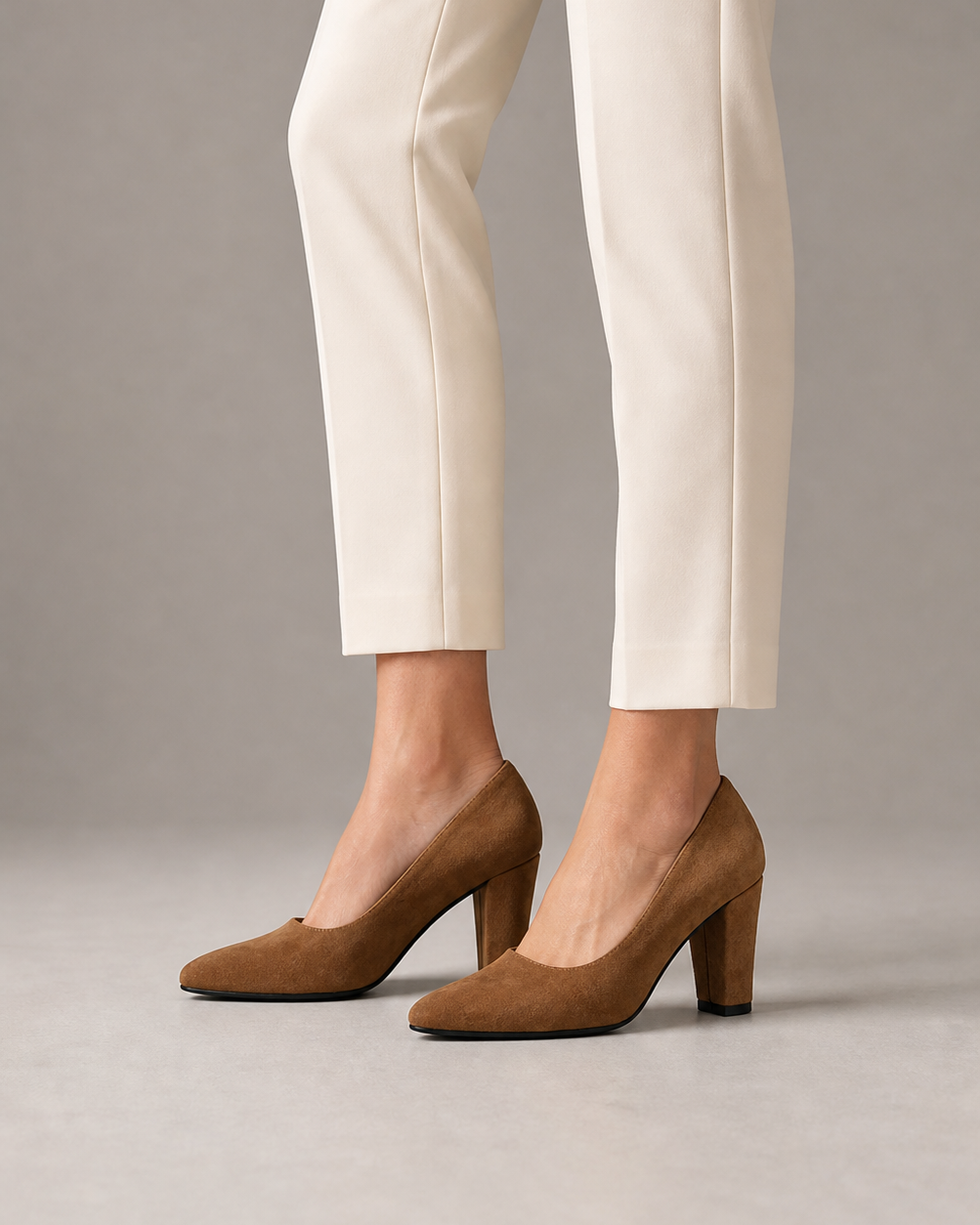Noctelle camel-brown suede pointed-toe block heel pumps on female model - view 1