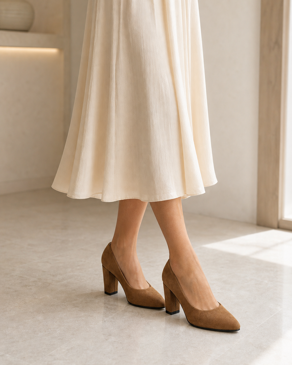 Noctelle camel-brown suede pointed-toe block heel pumps on female model - view 2