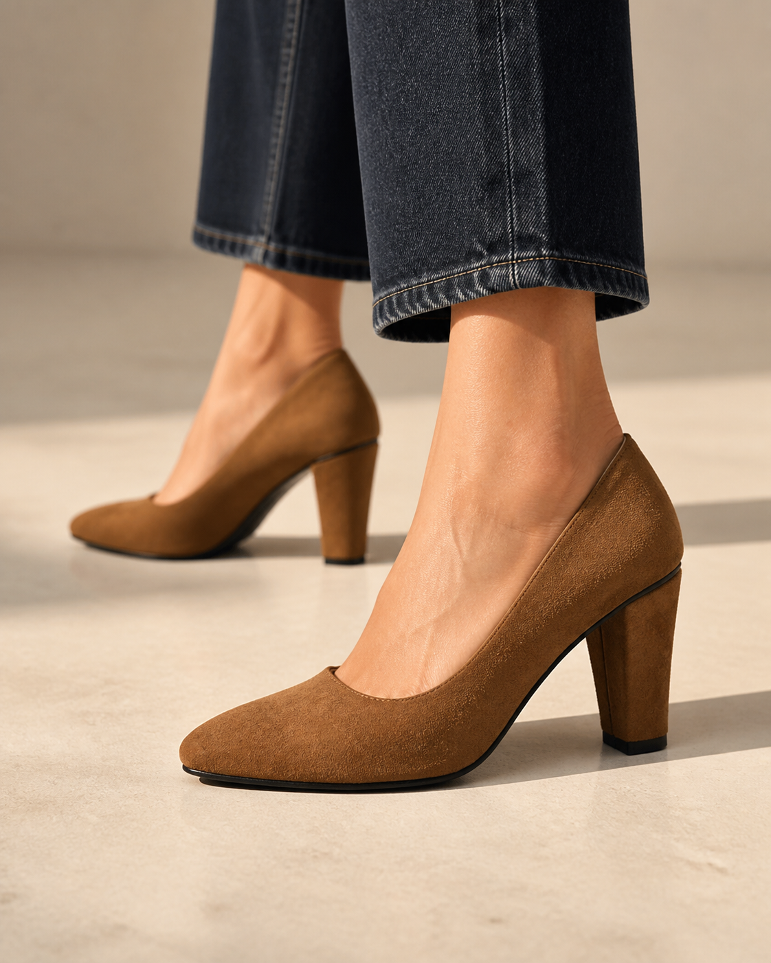Noctelle camel-brown suede pointed-toe block heel pumps on female model - view 4