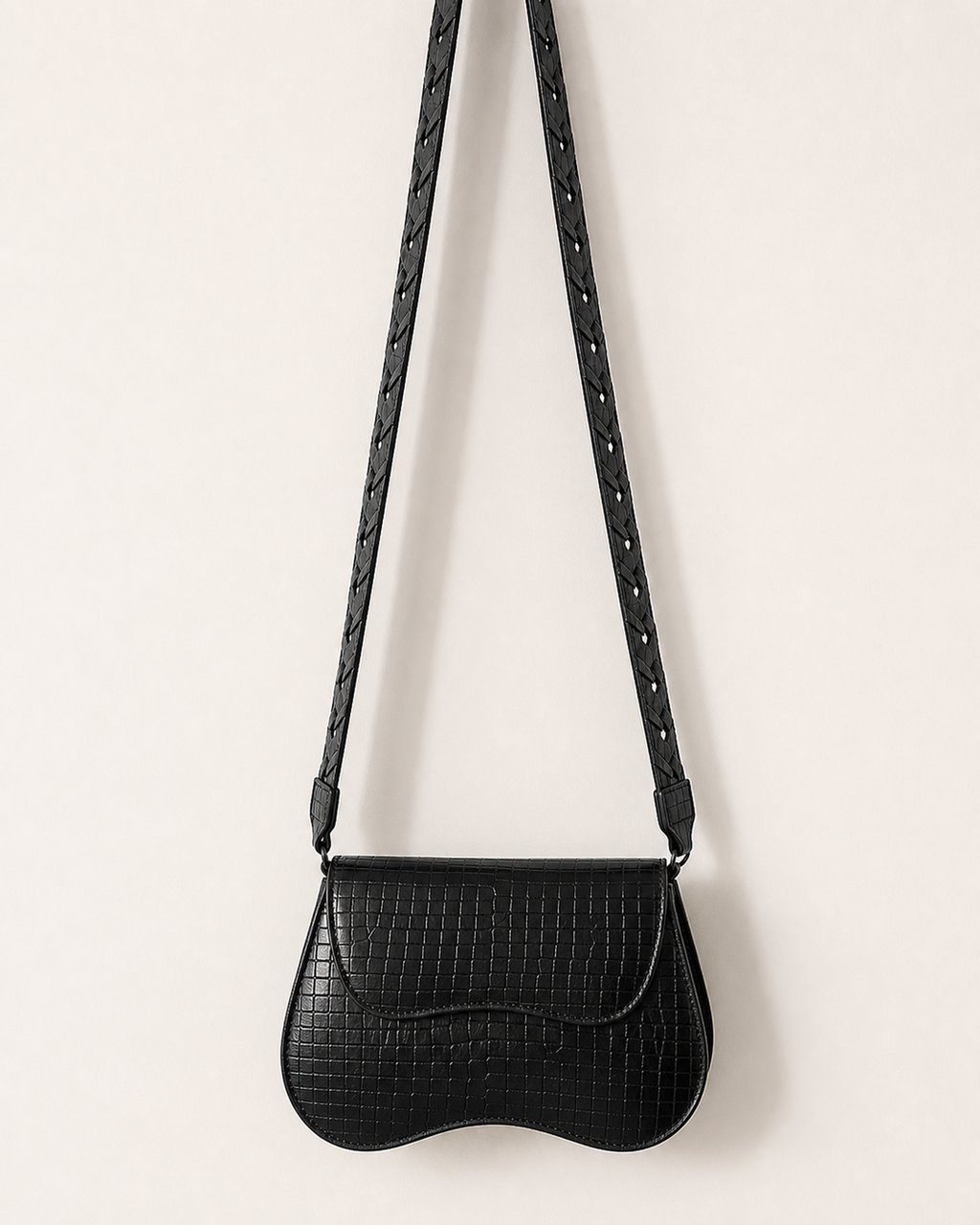 Orvella black croc saddle shoulder bag with proportional cutout strap - view 1