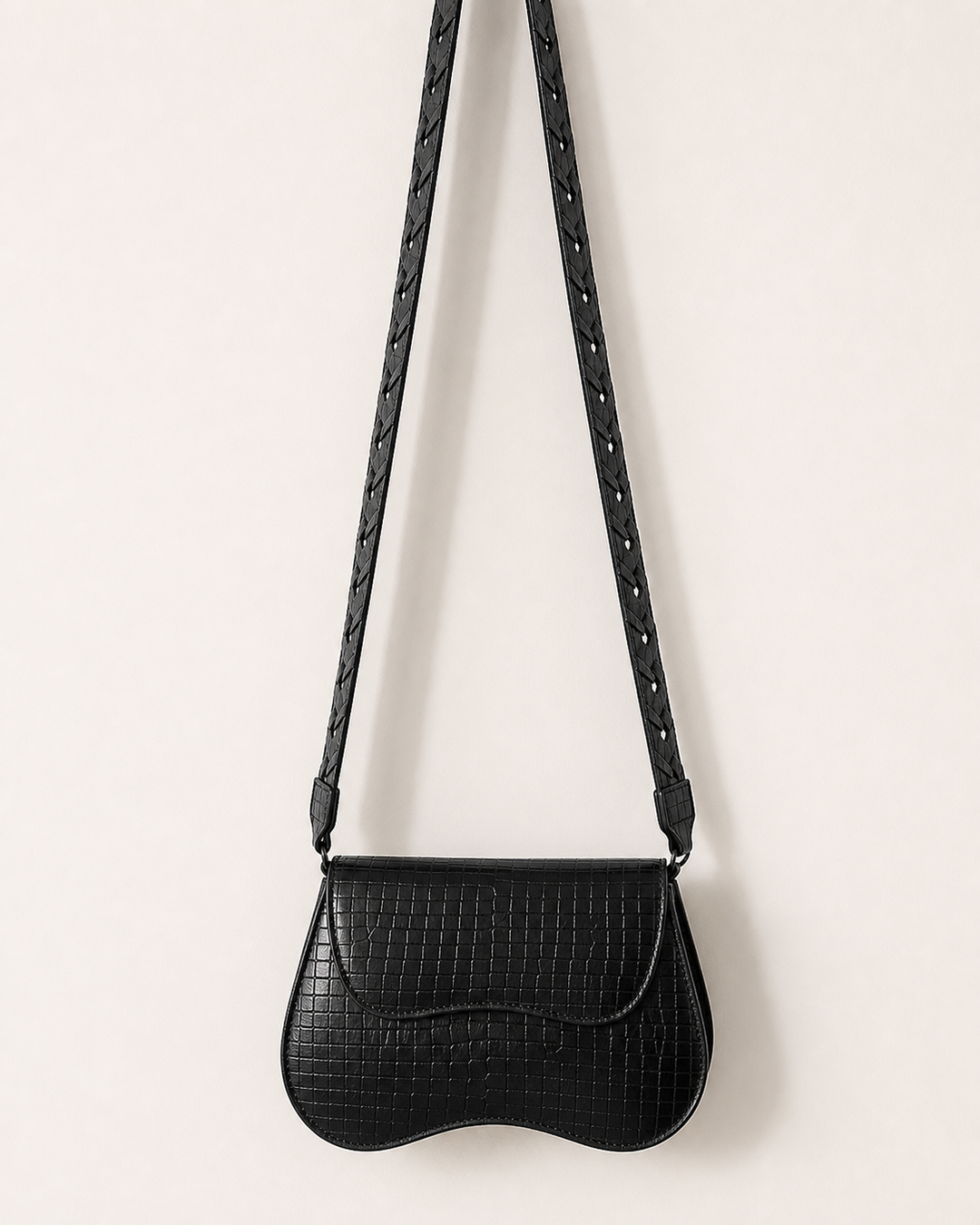 Orvella black croc saddle shoulder bag with proportional cutout strap - view 1