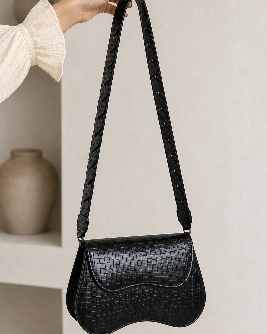 Orvella black croc saddle shoulder bag with proportional cutout strap - view 3