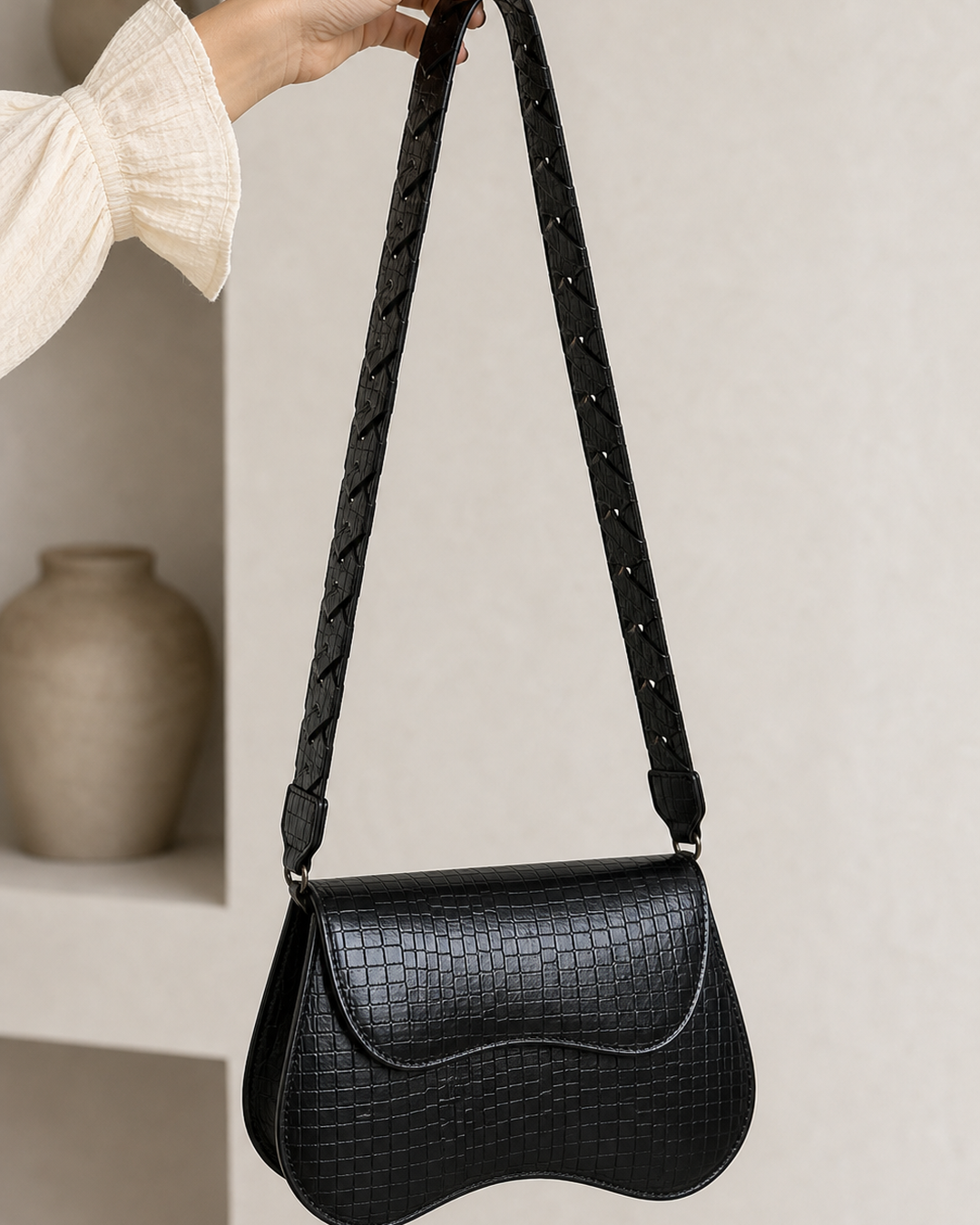 Orvella black croc saddle shoulder bag with proportional cutout strap - view 3