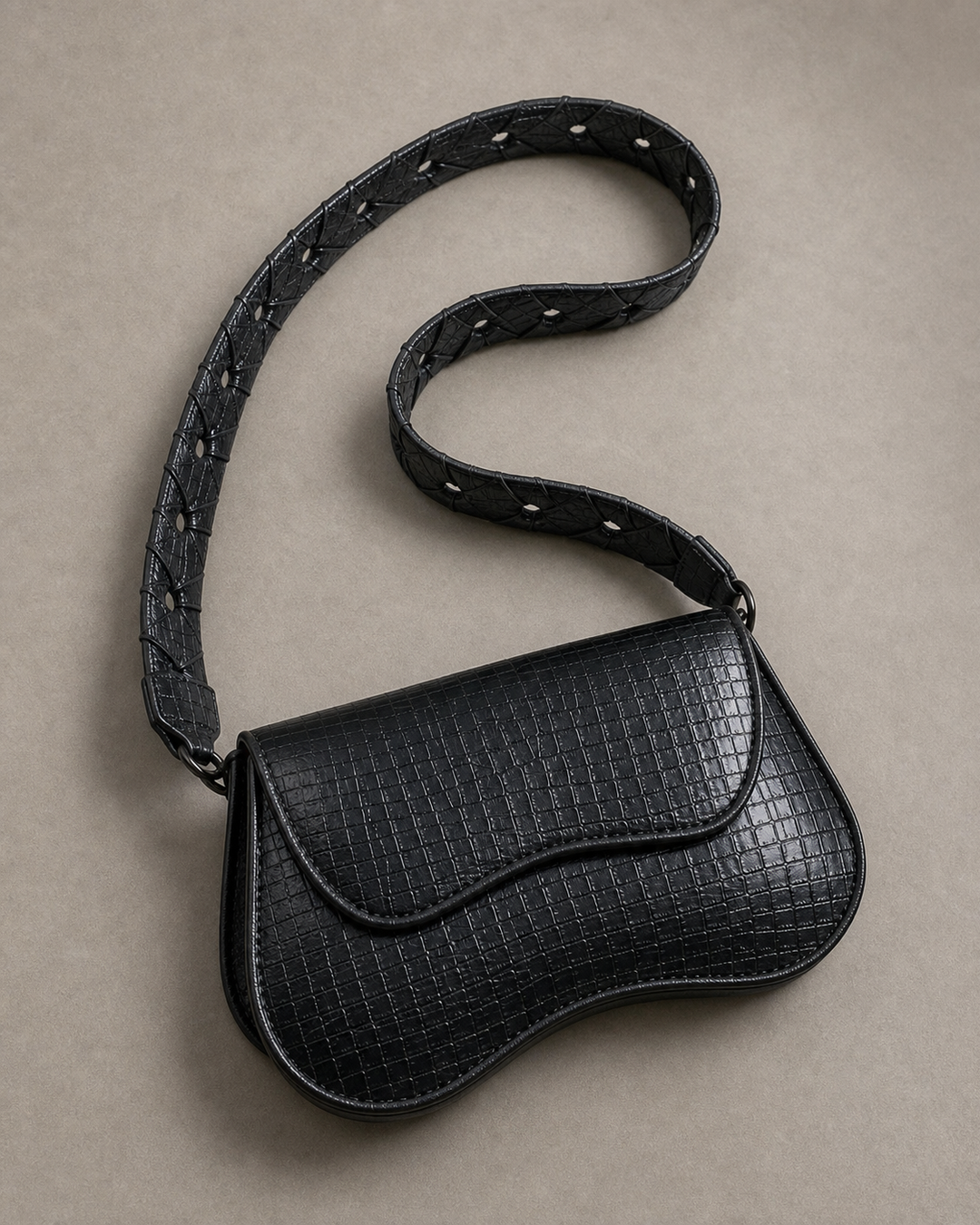 Orvella black croc saddle shoulder bag with proportional cutout strap - view 5