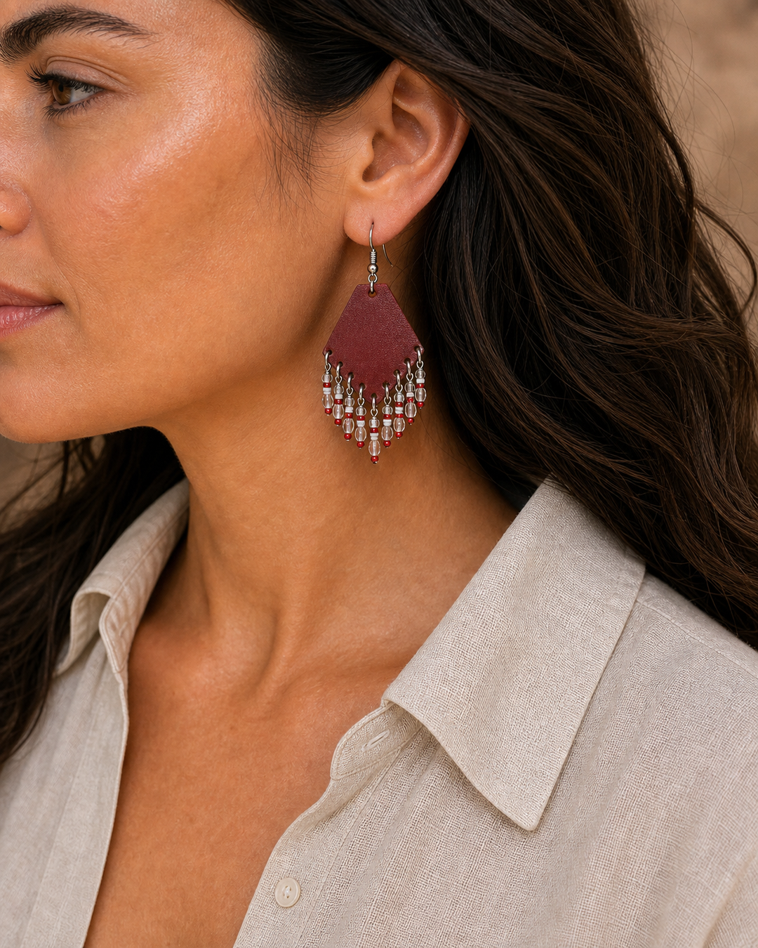 Raya red leather beaded fan earrings with silver hook - view 1